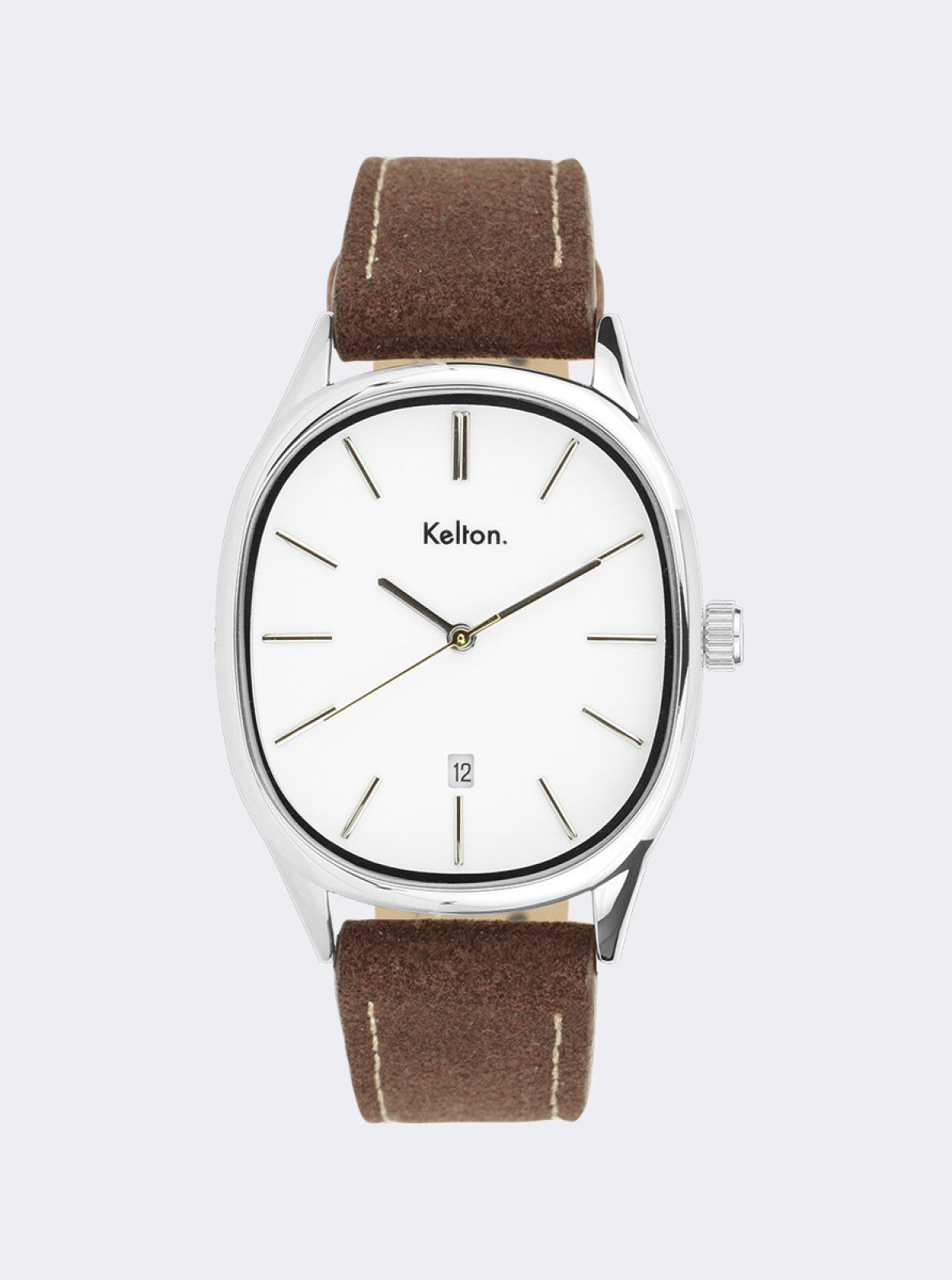 Image of Montre à cadran blanc et bracelet en cuir marron, aiguilles dorées