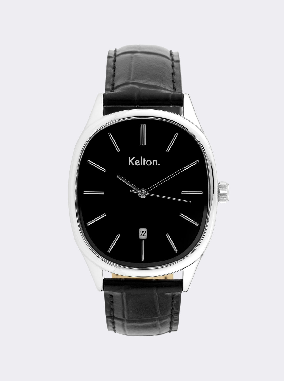 Image of Montre Kelton Grande Colorama noire au cadran noir, bracelet cuir noir à boucle.