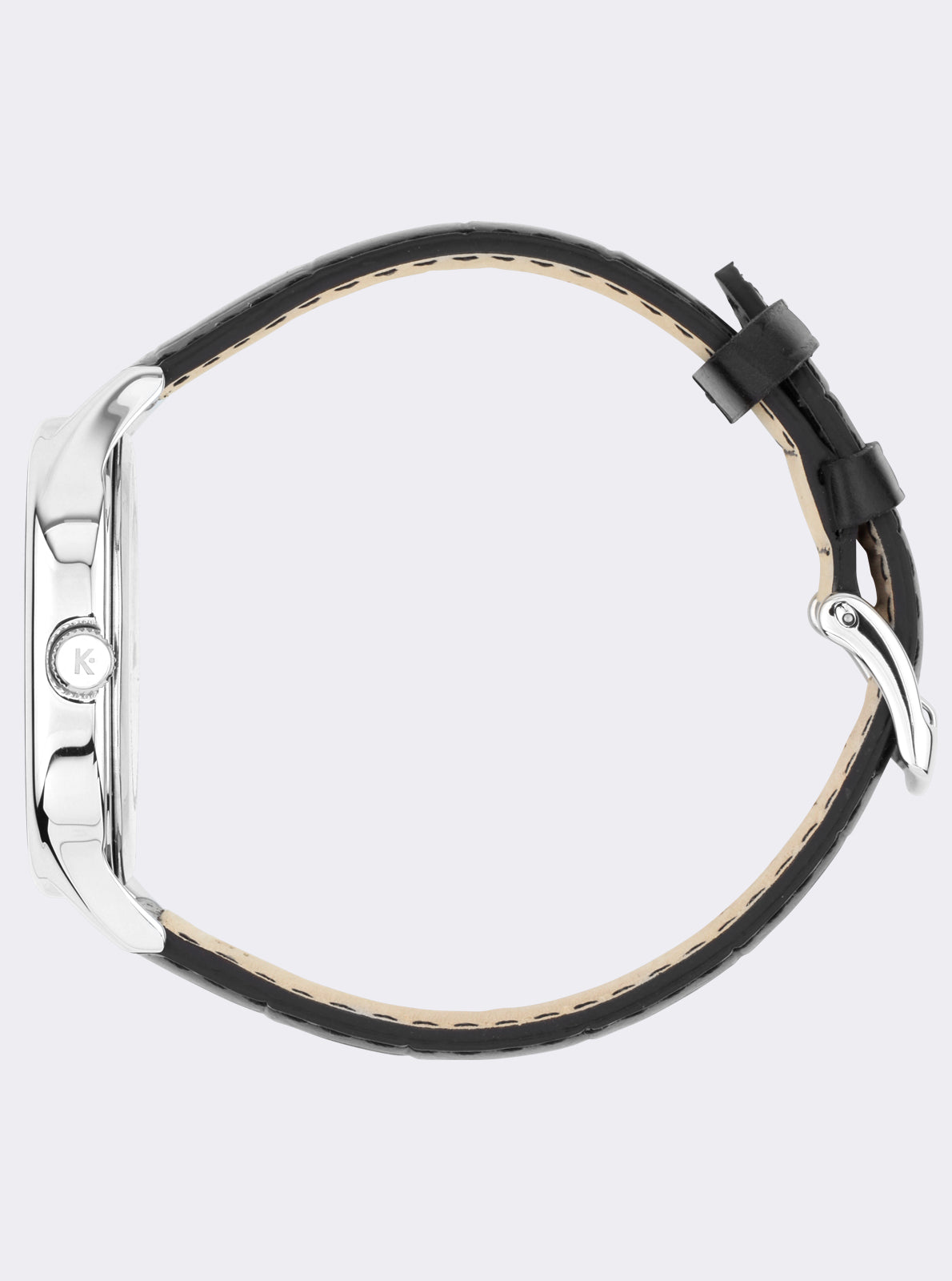 Image of Montre Kelton Grande Colorama noire, vue de profil, bracelet cuir noir et boucle.