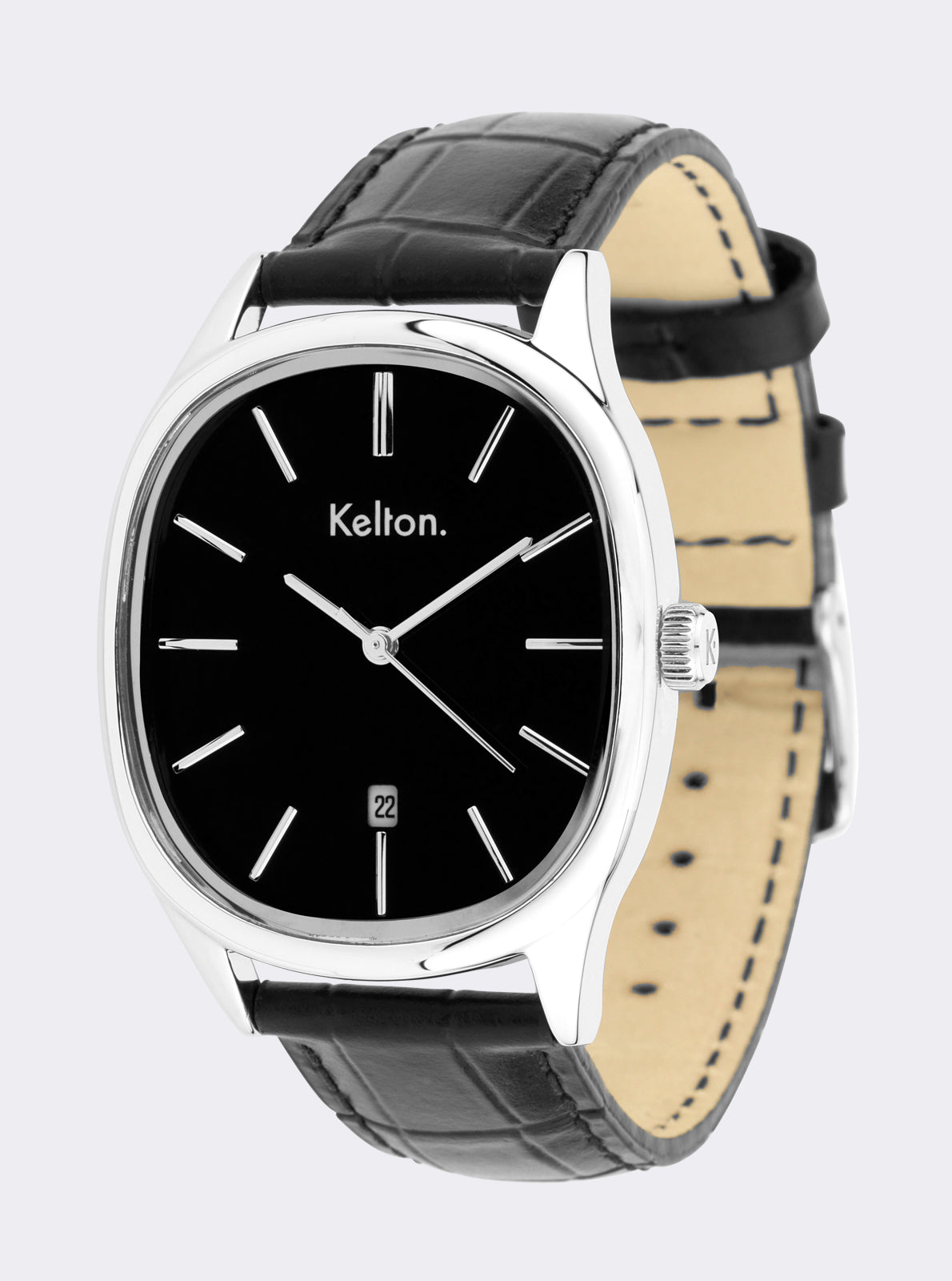 Image of Montre Kelton Grande Colorama noire, cadran noir, bracelet cuir noir à surpiqûres claires.