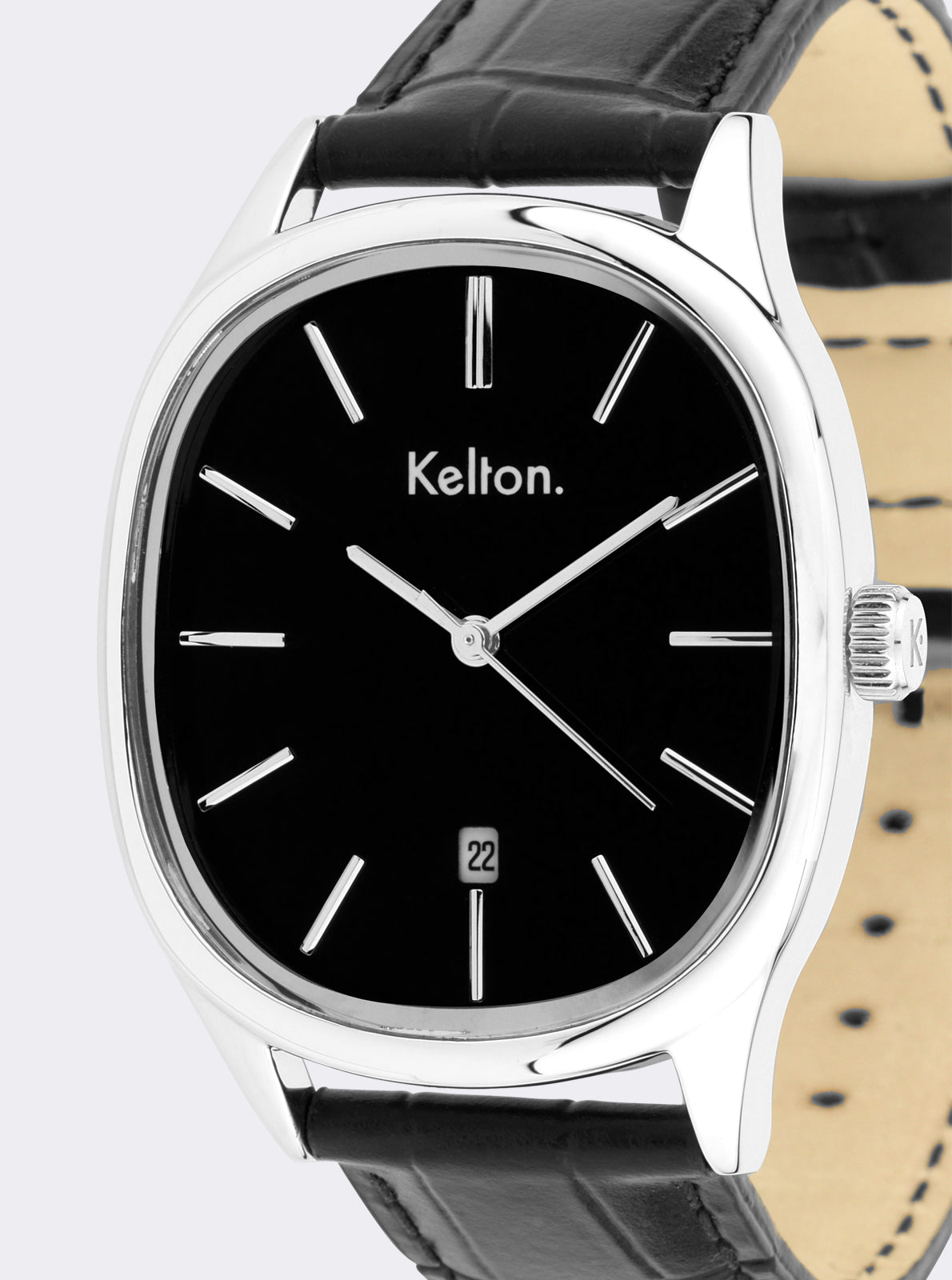 Image of Montre Kelton Grande Colorama noire, gros plan cadran noir et index, couronne.