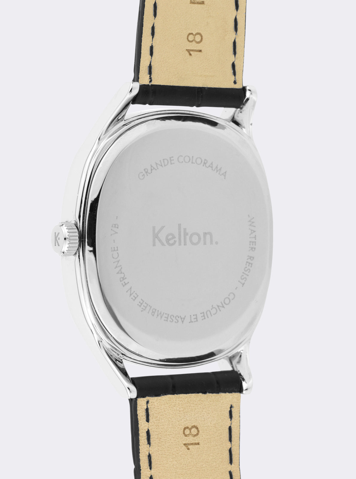 Image of Montre Kelton Grande Colorama noire, fond arrière métal argenté gravé et bracelet cuir noir.