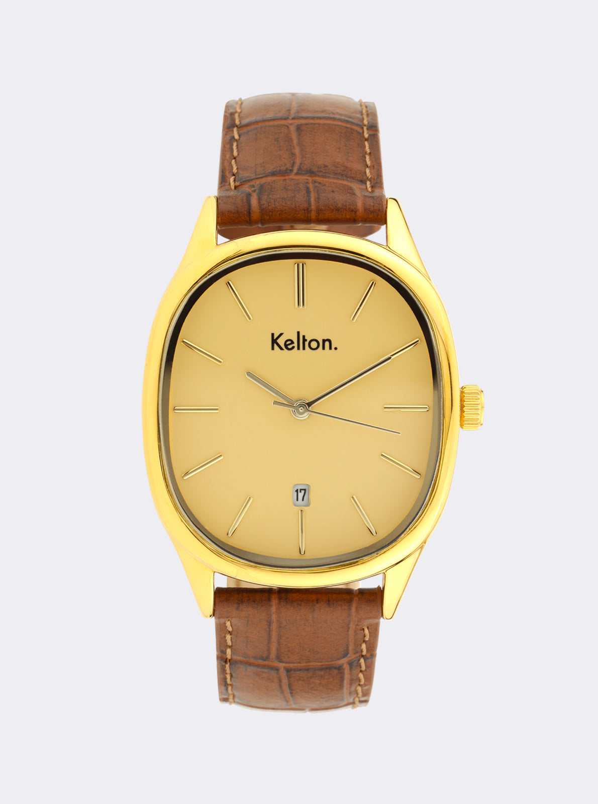 Image of Montre à cadran jaune doré avec bracelet en cuir brun, index bâtons et logo Kelton.