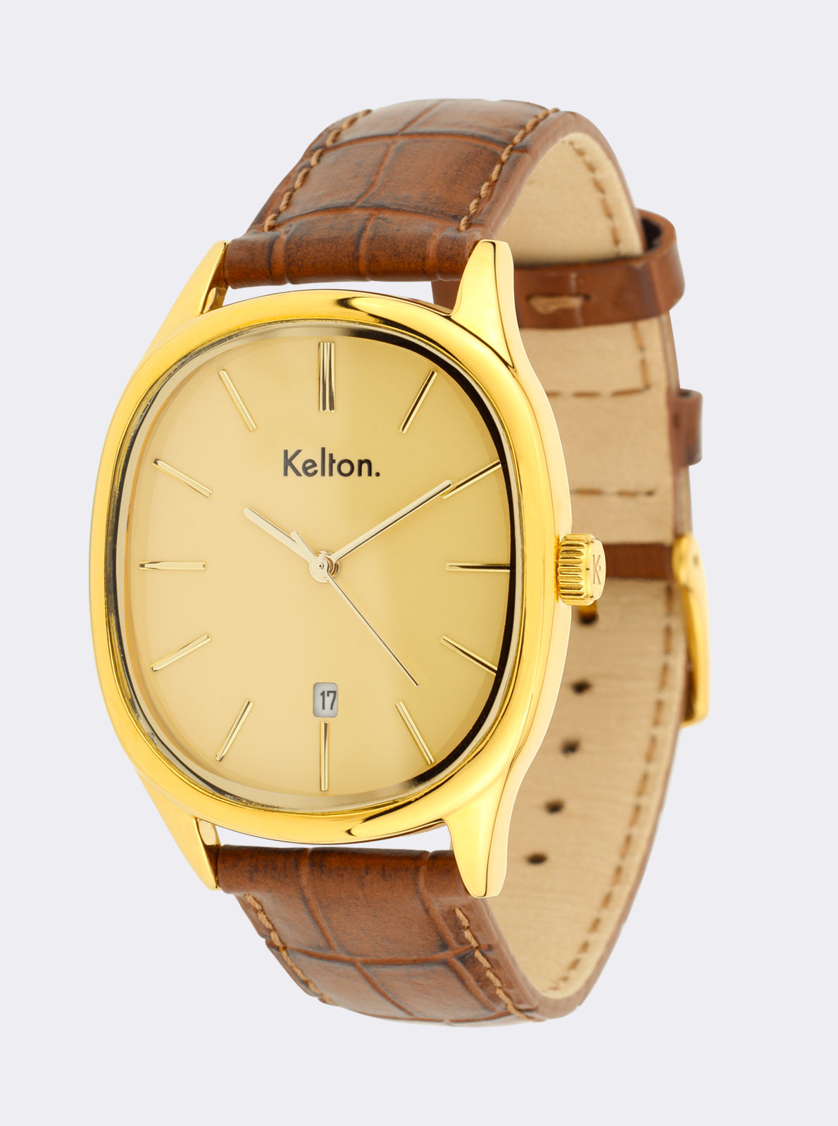 Image of Montre à cadran jaune doré et bracelet en cuir brun, vue trois-quarts, couronne.