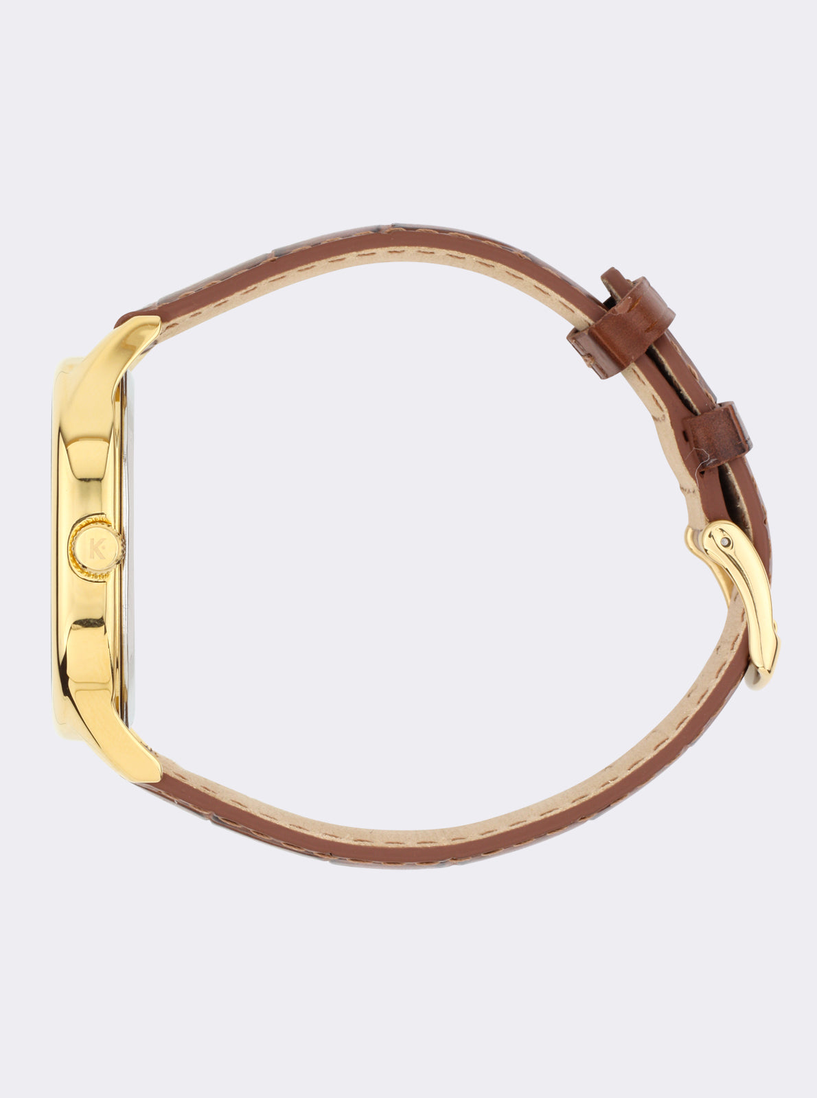 Image of Montre dorée avec bracelet en cuir brun, vue latérale du boîtier et de la couronne.
