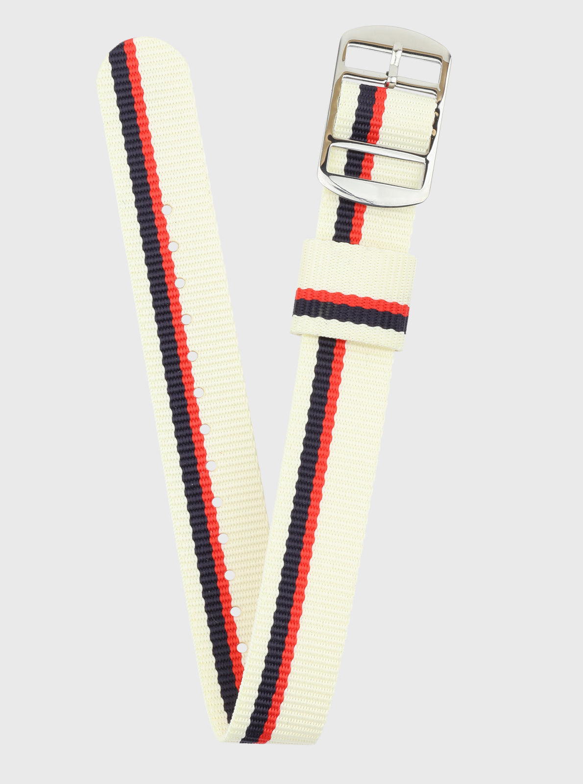 Image of Bracelet 18 mm en rPET couleur écru, rayures rouge, blanc et bleu marine, boucle métallique