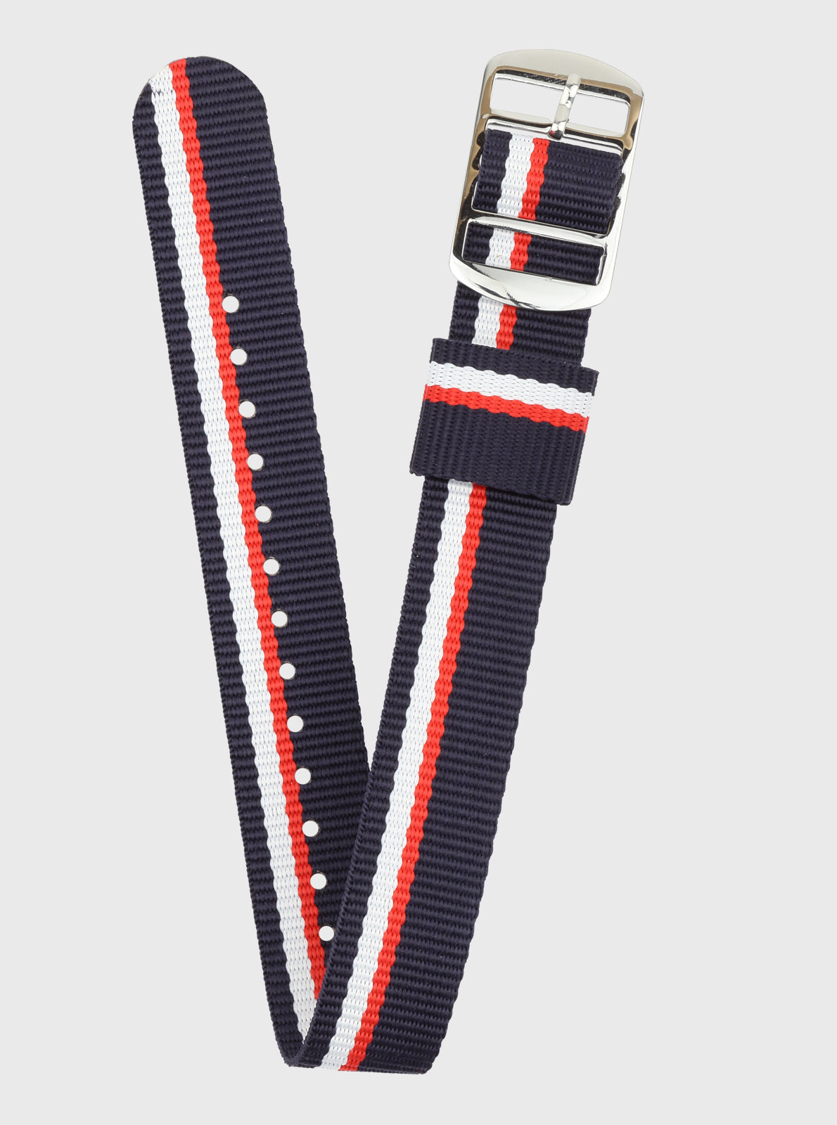 Image of Bracelet 18 mm rPET bleu marine, rayures rouge et blanc, boucle métallique rectangulaire