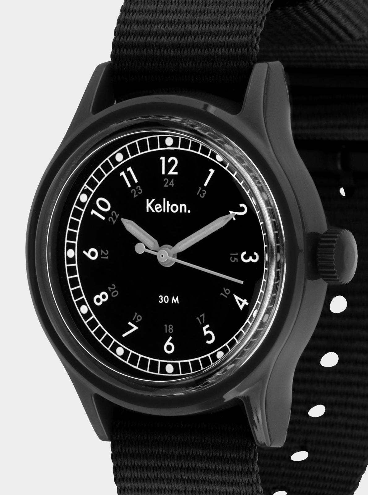 Image of Montre à quartz Kelton noire, gros plan cadran avec repère 30 M et index