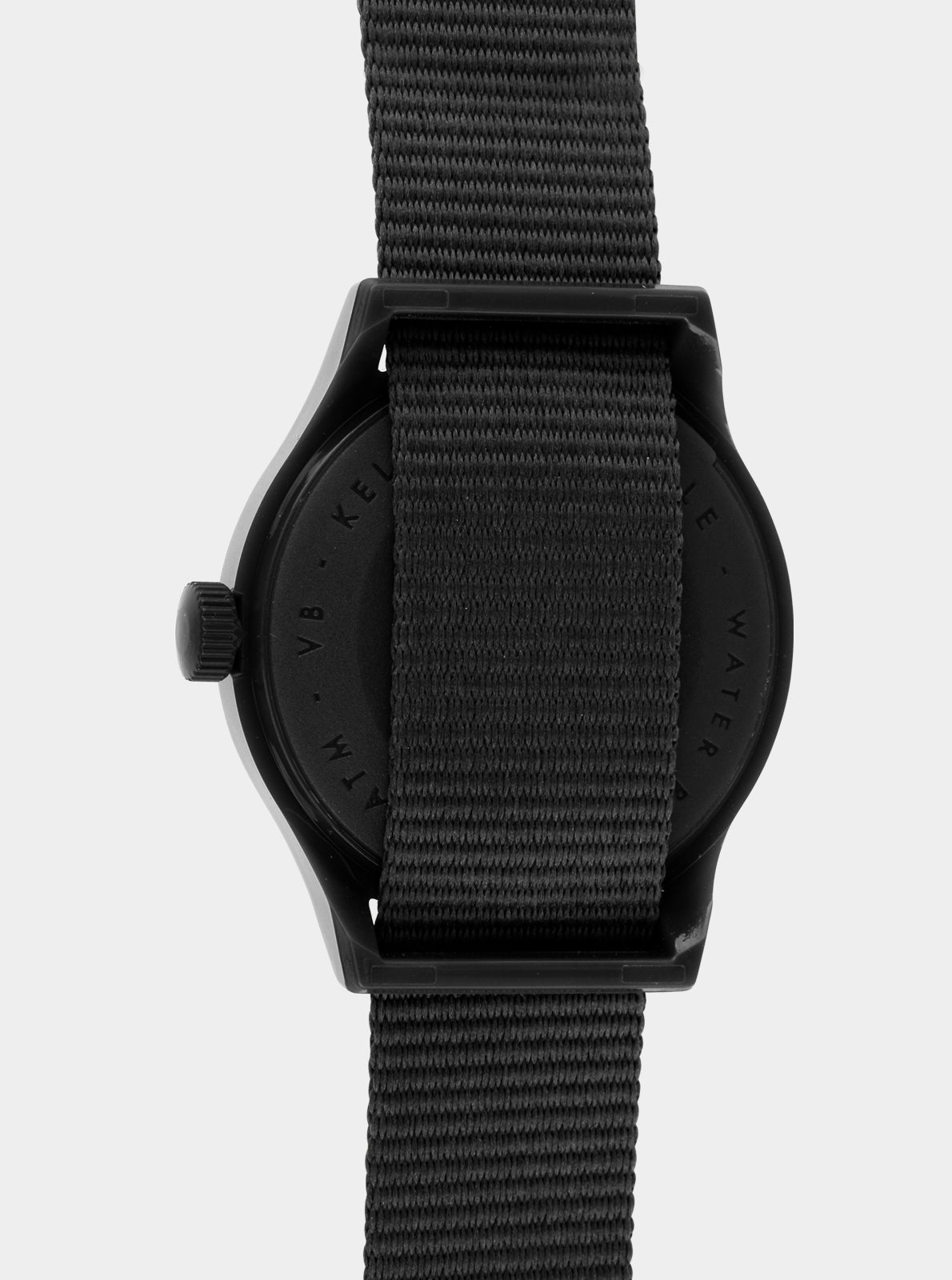 Image of Montre à quartz Kelton noire, vue arrière du boîtier et bracelet tissé
