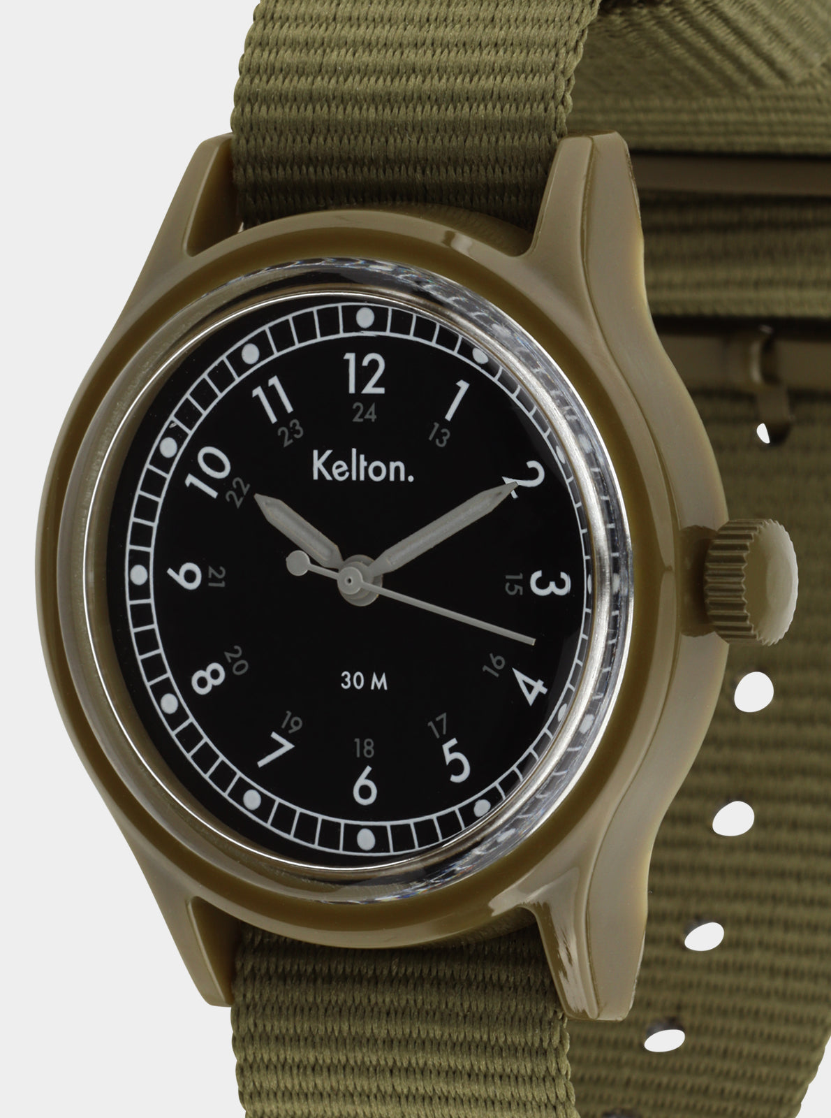 Image of Montre à quartz Kelton cadran noir, boîtier vert olive, bracelet tissu tressé