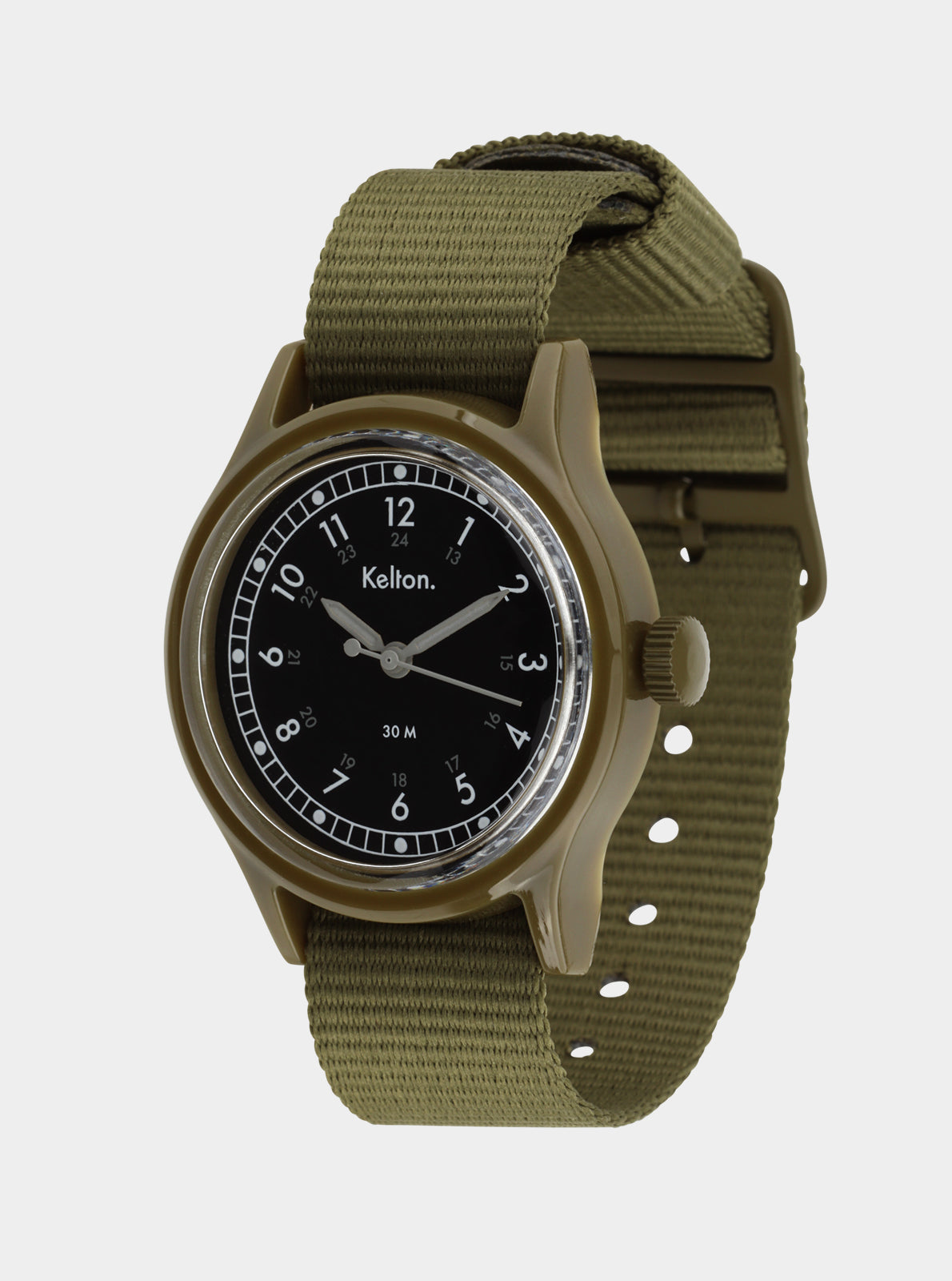 Image of Montre à quartz Kelton avec bracelet tissu vert olive et cadran noir, vue de côté
