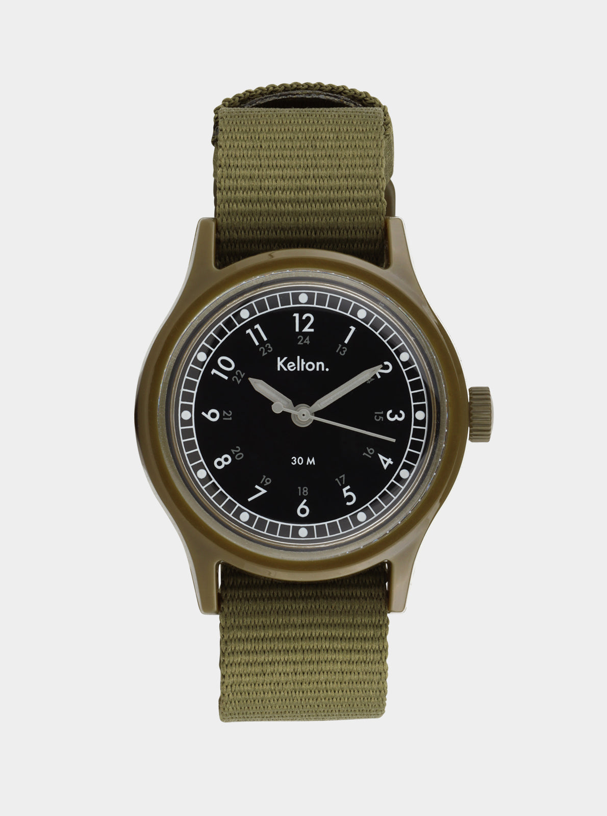 Image of Montre à quartz Kelton à cadran noir et bracelet tissu vert olive, boîtier rond