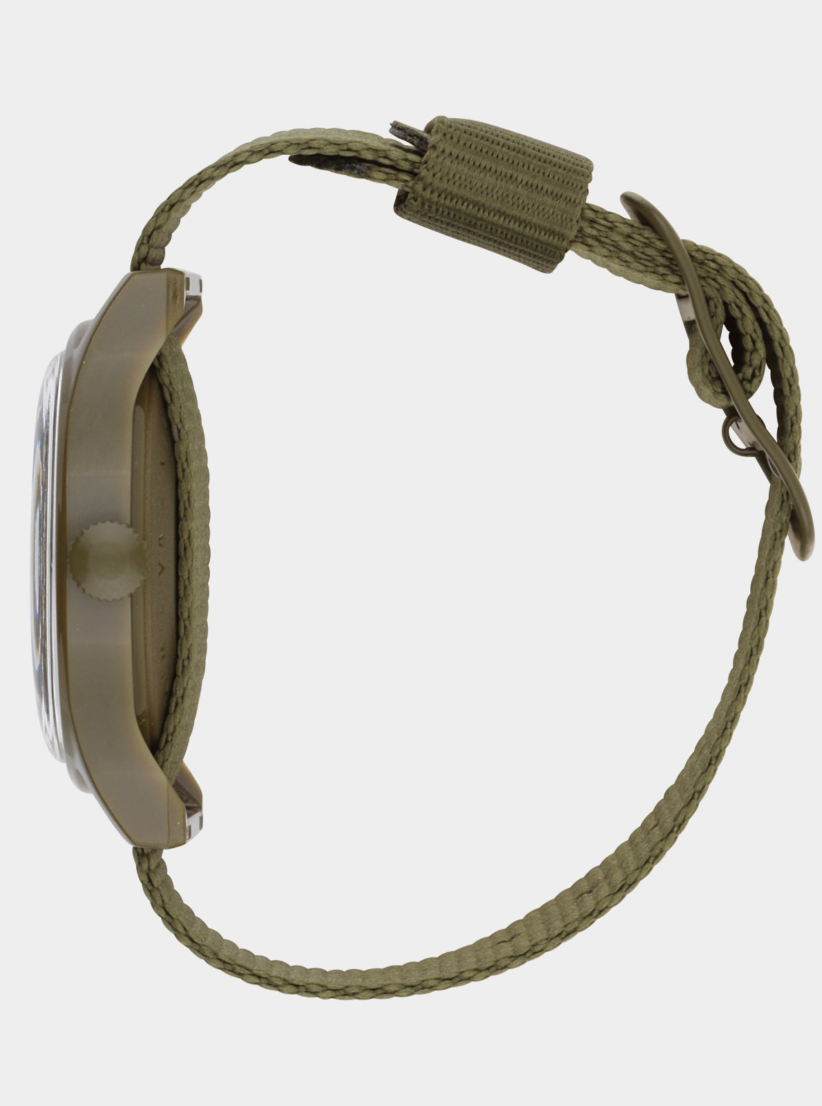 Image of Montre à quartz Kelton vue de profil, boîtier vert olive et bracelet tissu vert