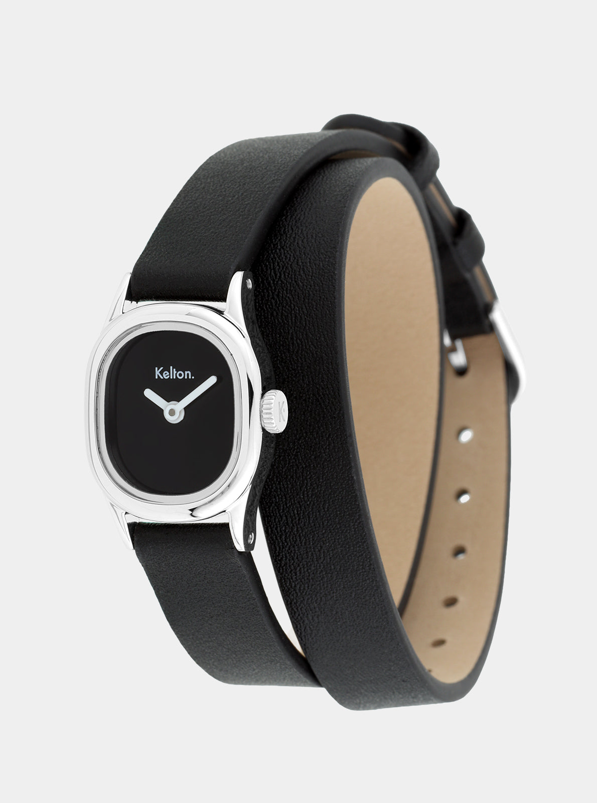 Image of Montre Minicolo noire vue trois-quarts, cadran noir et bracelet en cuir noir.