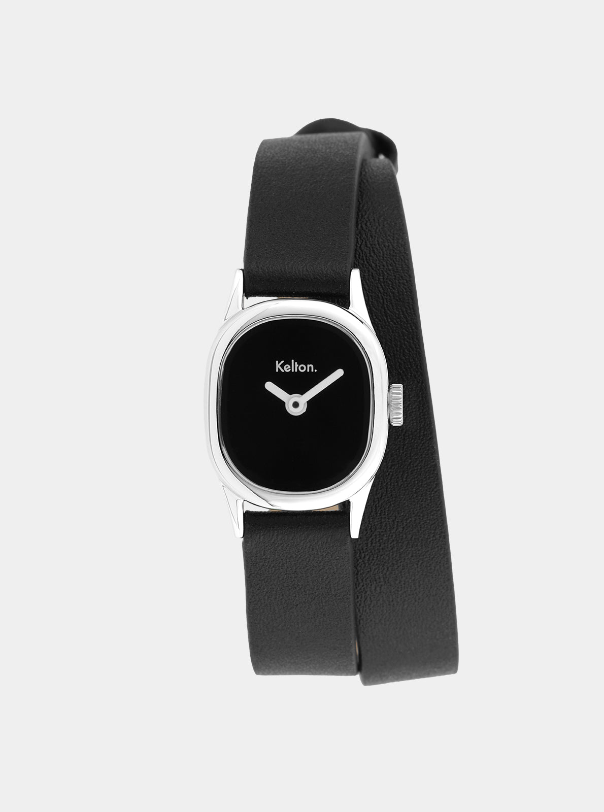Image of Montre Minicolo noire cadran noir, boîtier argent rond et bracelet en cuir noir.