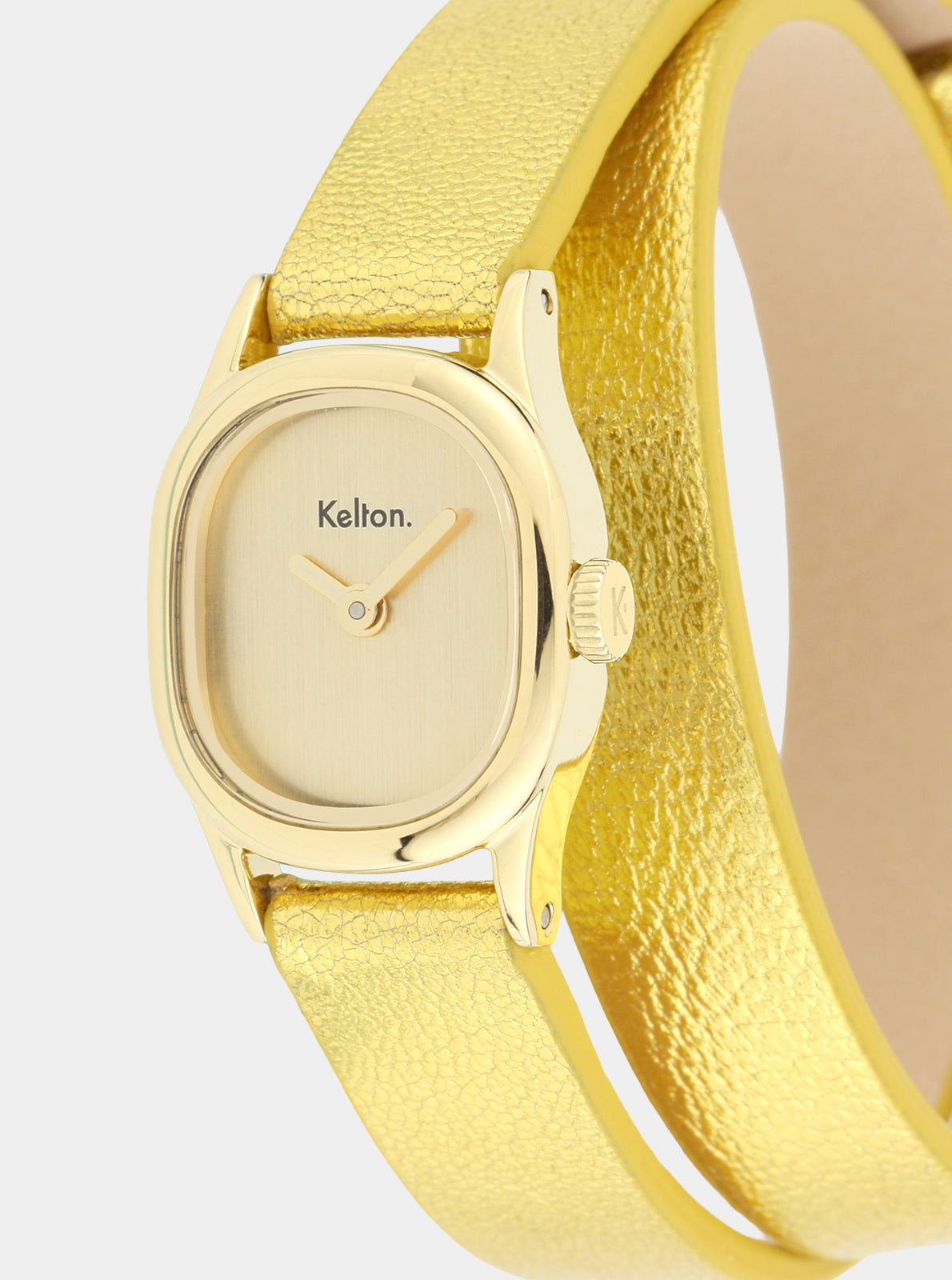 Image of Montre Kelton Minicolo gros plan: bracelet cuir jaune et cadran blanc.