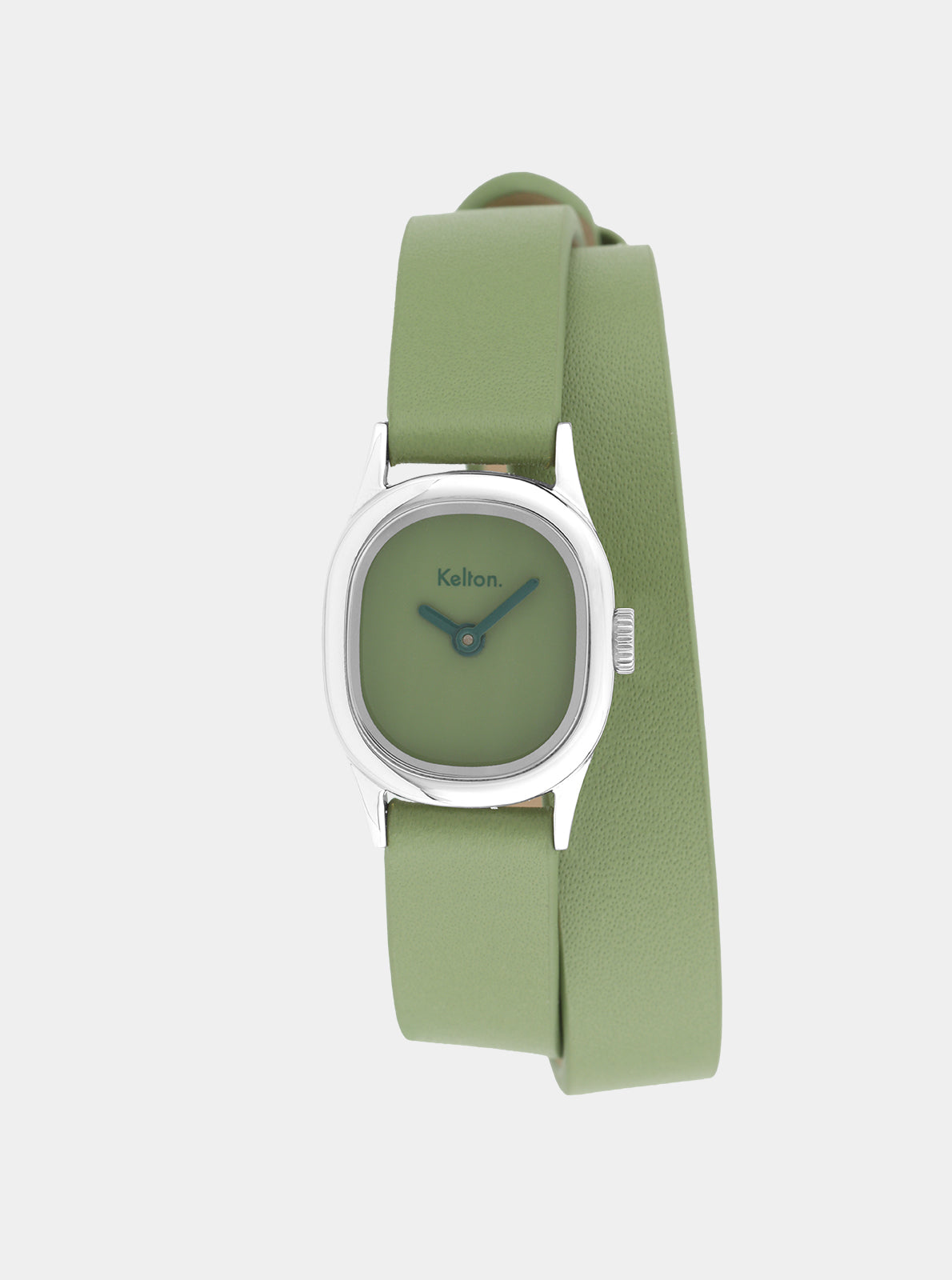 Image of Montre Minicolo Sauge bracelet vert en cuir et cadran vert, boîtier arrondi argenté.