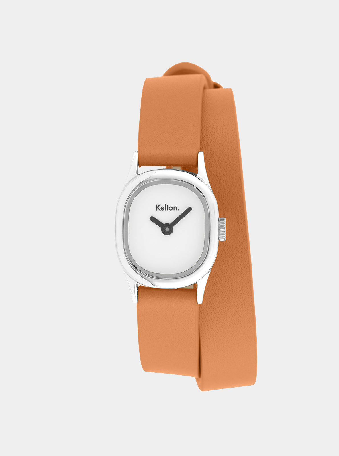 Image of Montre à bracelet cuir camel, cadran blanc et boîtier argenté, vue de face.