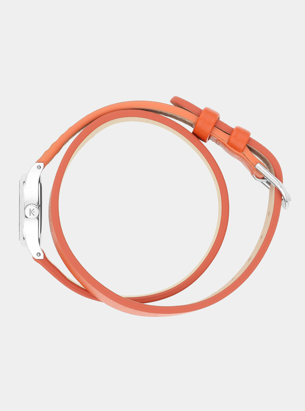 Image of Bracelet de montre cuir camel avec boucle ardillon et anneaux métalliques, vue arrière.