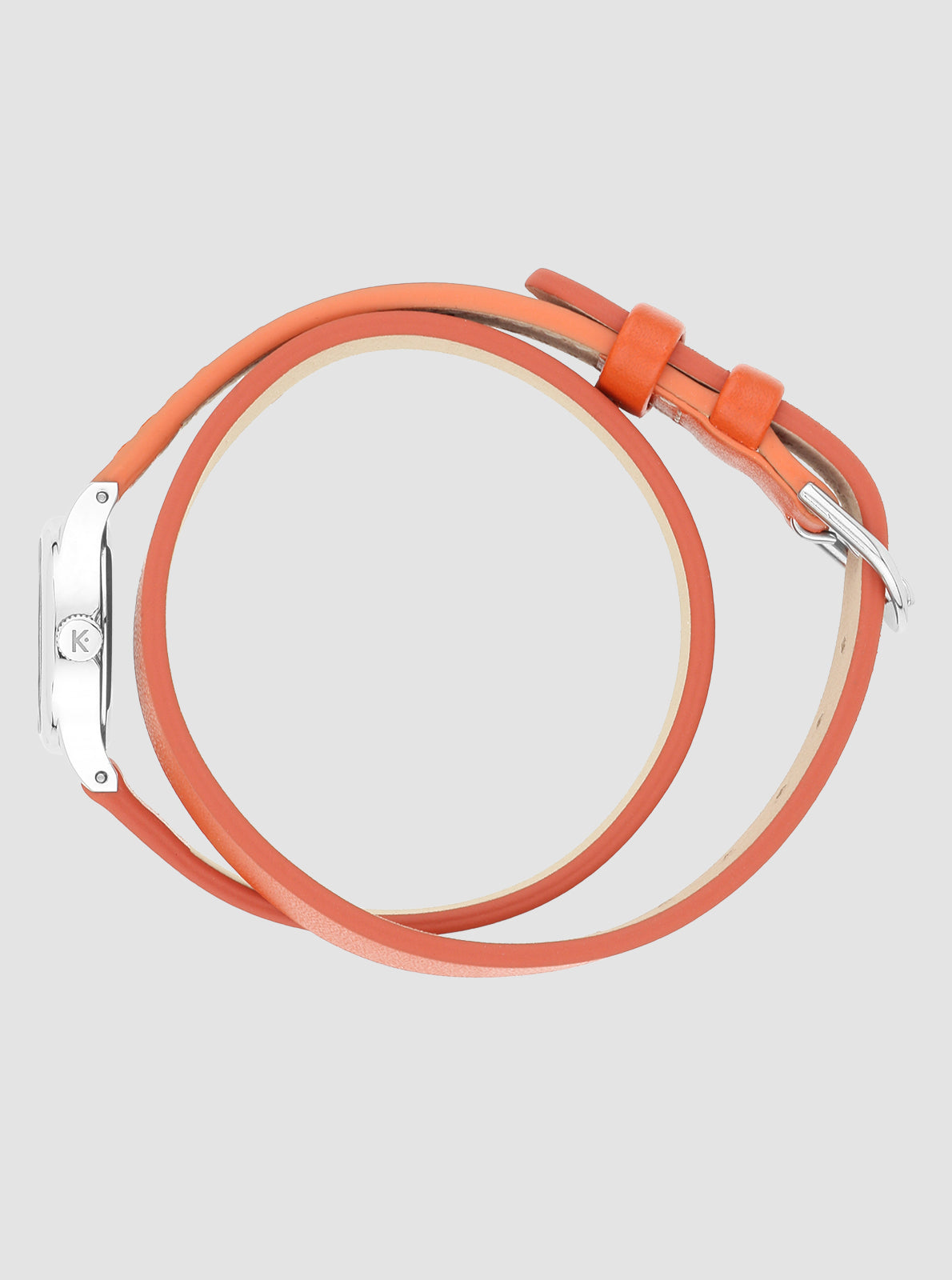Image of Montre Minicolo Mandarine au boîtier argenté et bracelet cuir orange à double tour