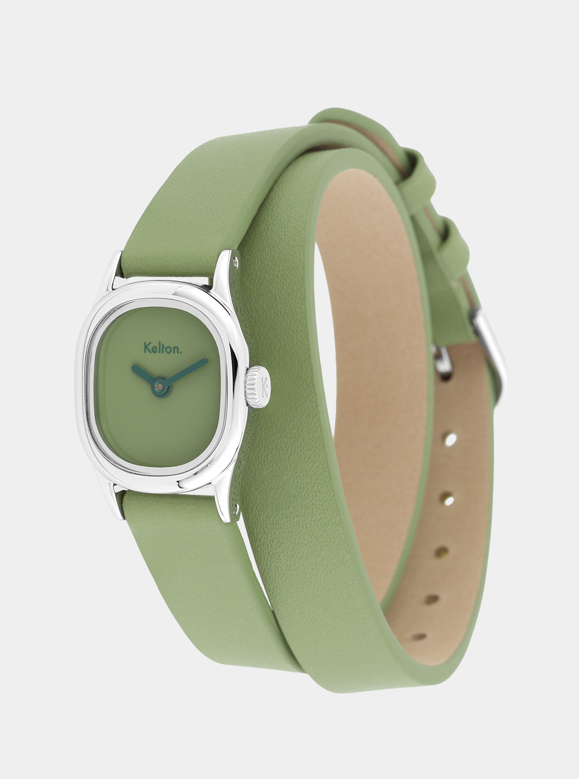 Image of Montre Minicolo Sauge vue de profil : cadran vert, bracelet vert et couronne argentée.