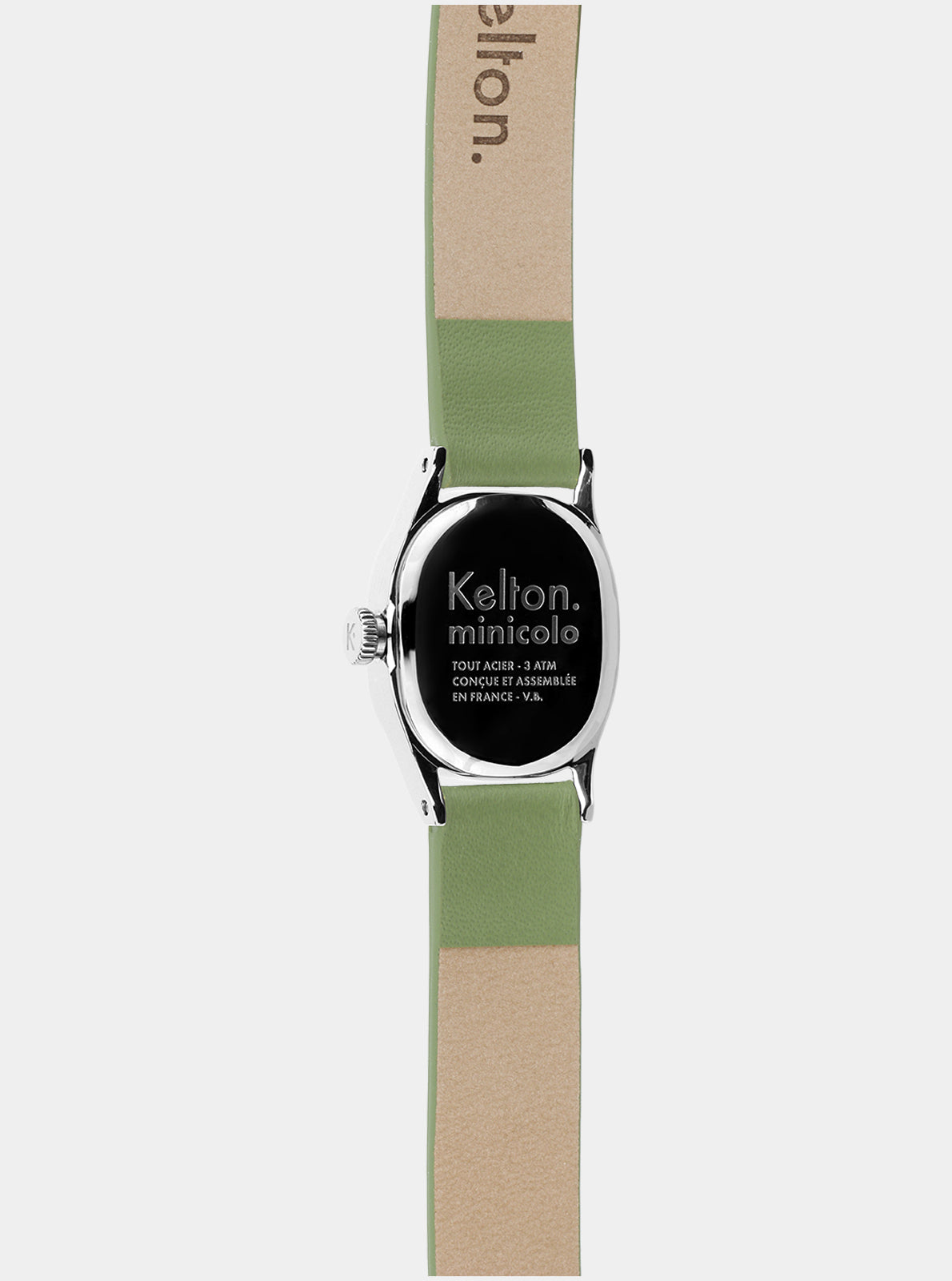Image of Montre Minicolo Sauge vue arrière avec bracelet vert et boîtier argenté, fond noir.