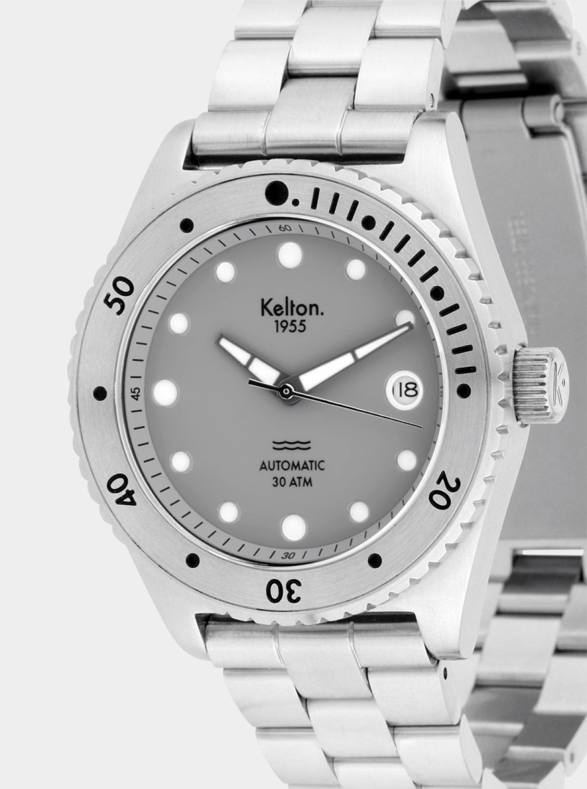 Image of Montre de plongée argentée Kelton 1955, cadran gris à index, couronne latérale