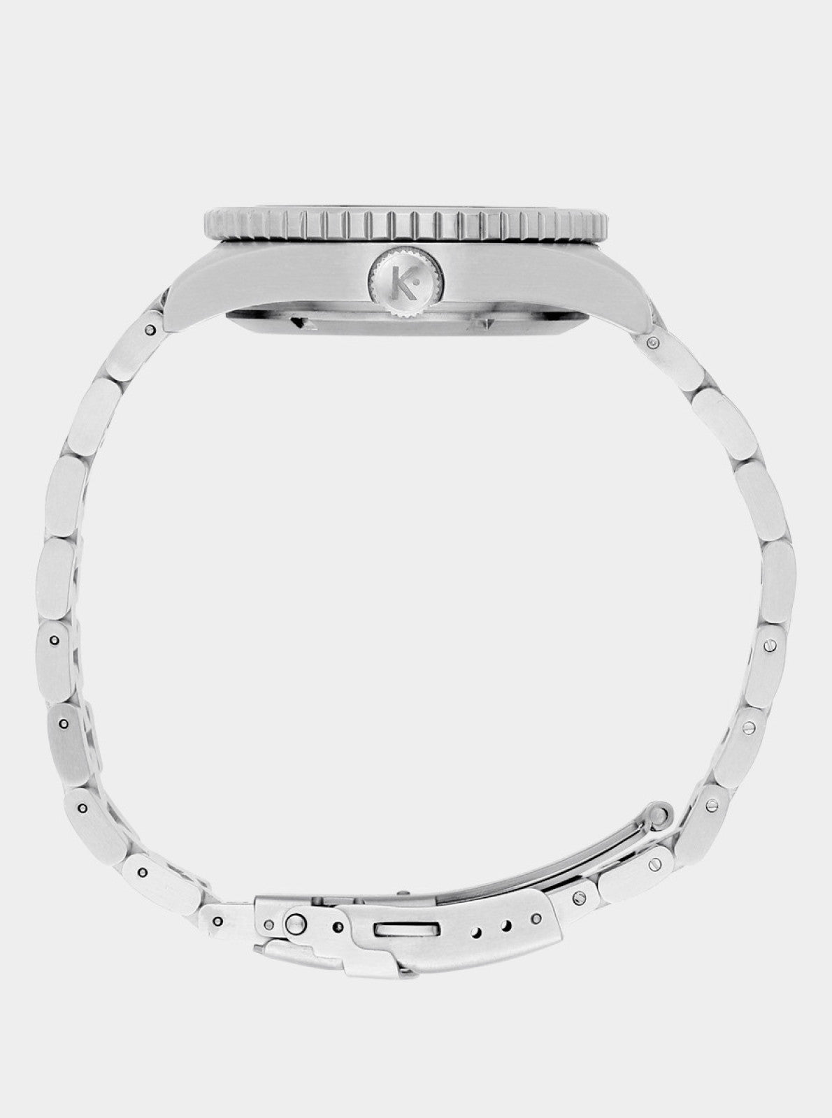 Image of Montre de plongée argentée vue arrière, boîtier rond, bracelet à maillons.