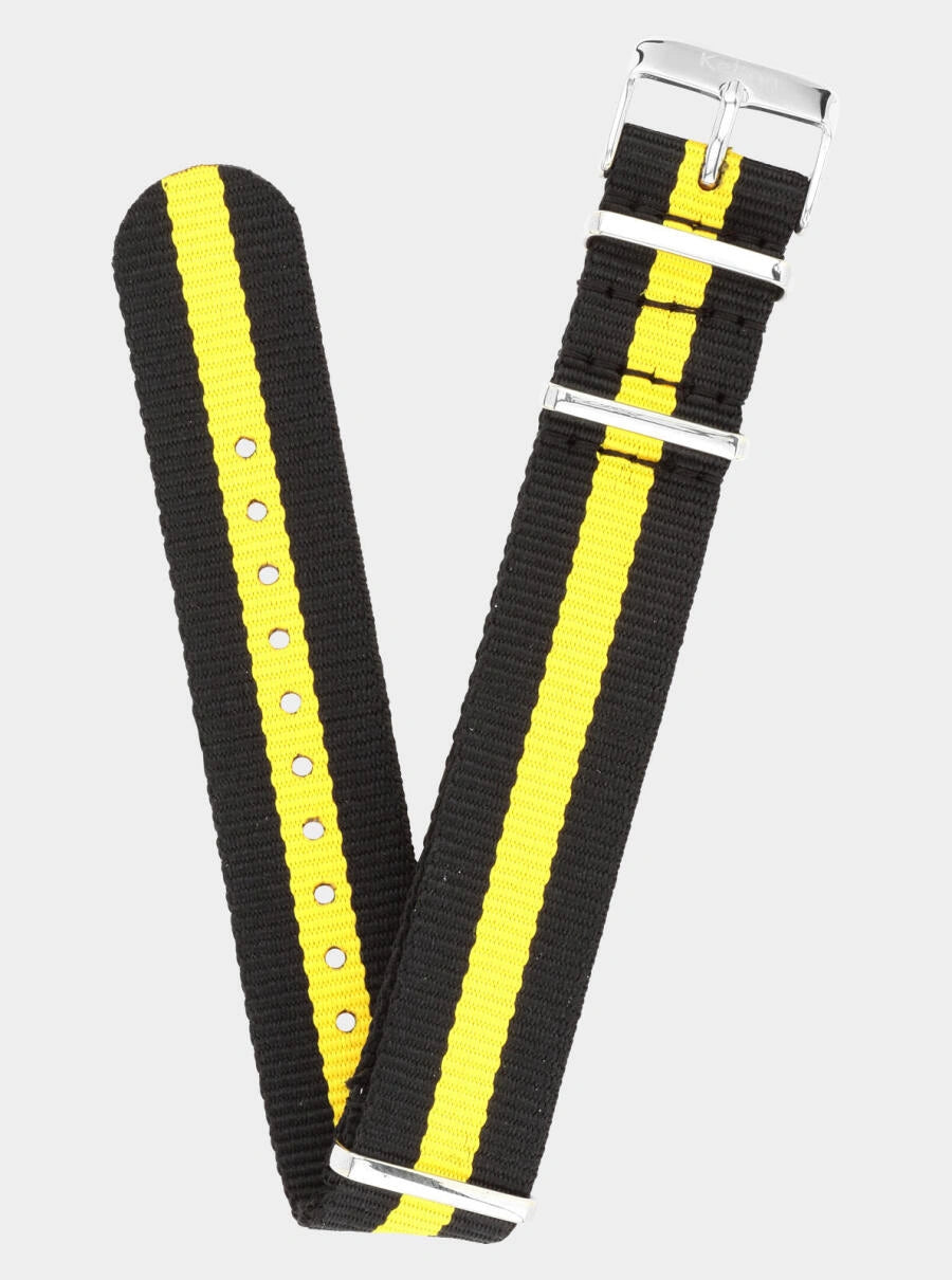 Image of Bracelet Nato 20 mm noir à rayures jaunes, boucle argentée.