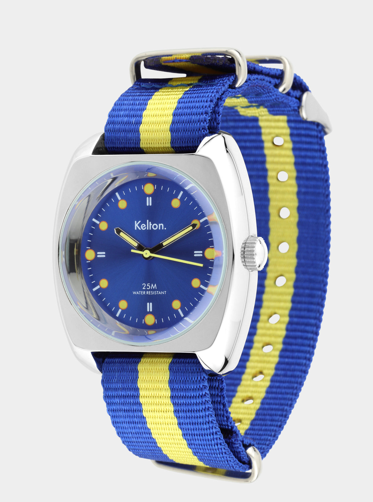 Image of Montre Kelton cadran bleu, boîtier blanc, bracelet Nato rayé bleu et jaune