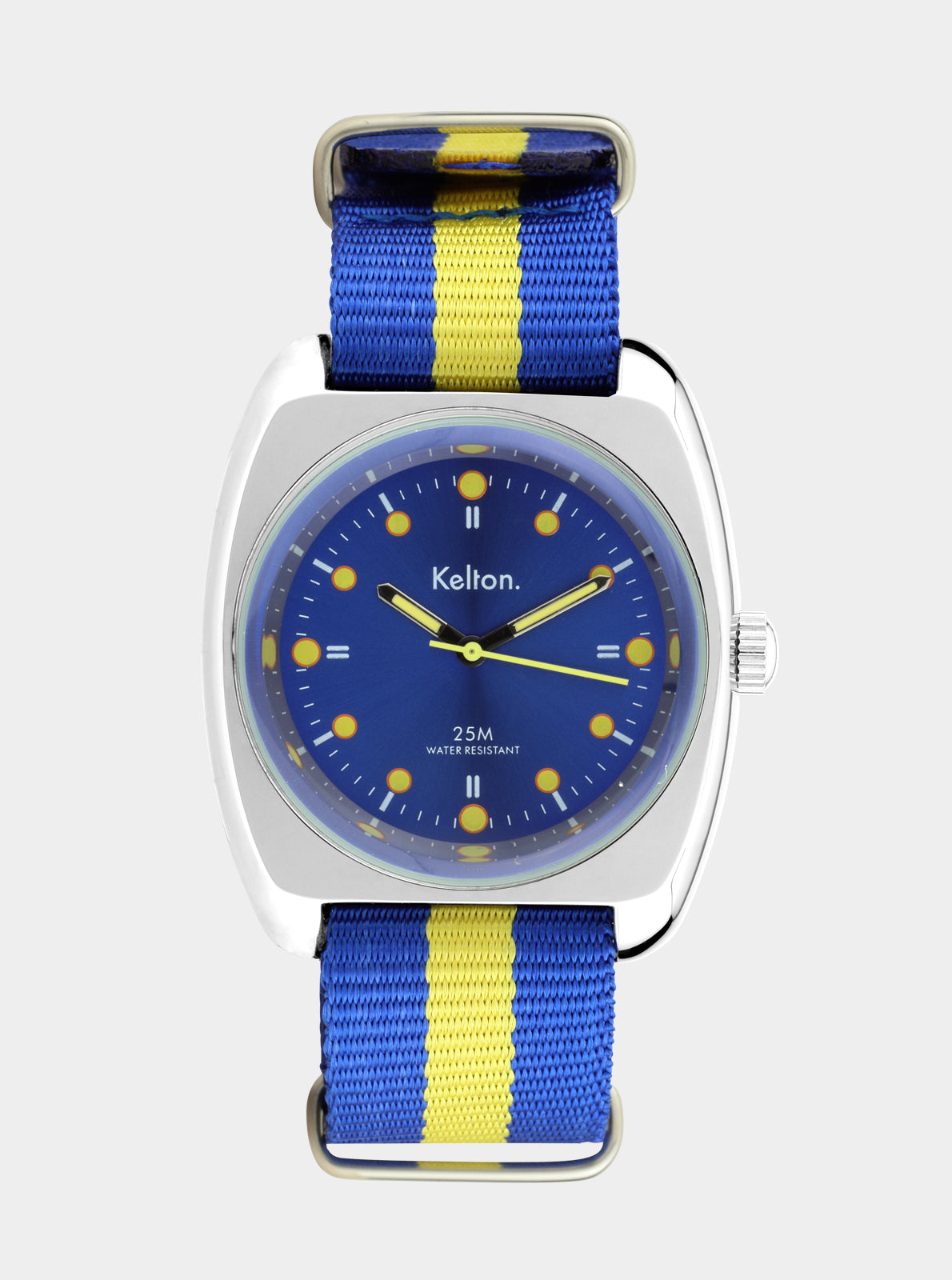 Image of Montre RC2 à bracelet Nato bleu et jaune, boîtier argent, cadran bleu à index jaunes