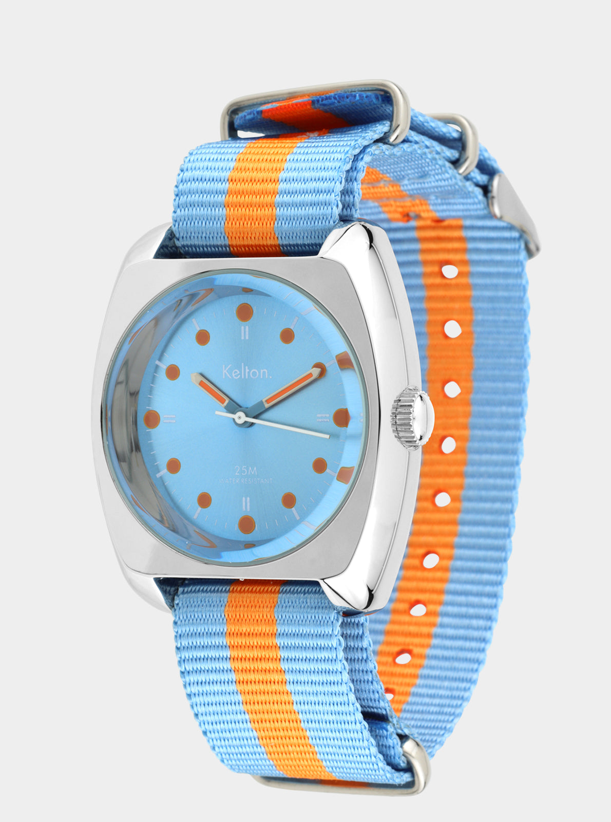 Image of Montre RC2 avec bracelet Nato rayé bleu et orange, boîtier argenté, cadran bleu.
