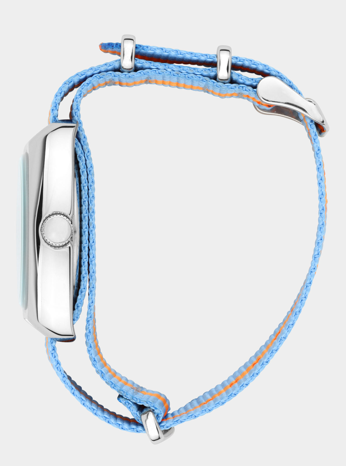 Image of Montre RC2 bracelet Nato bleu à rayures orange avec boucle métallique.