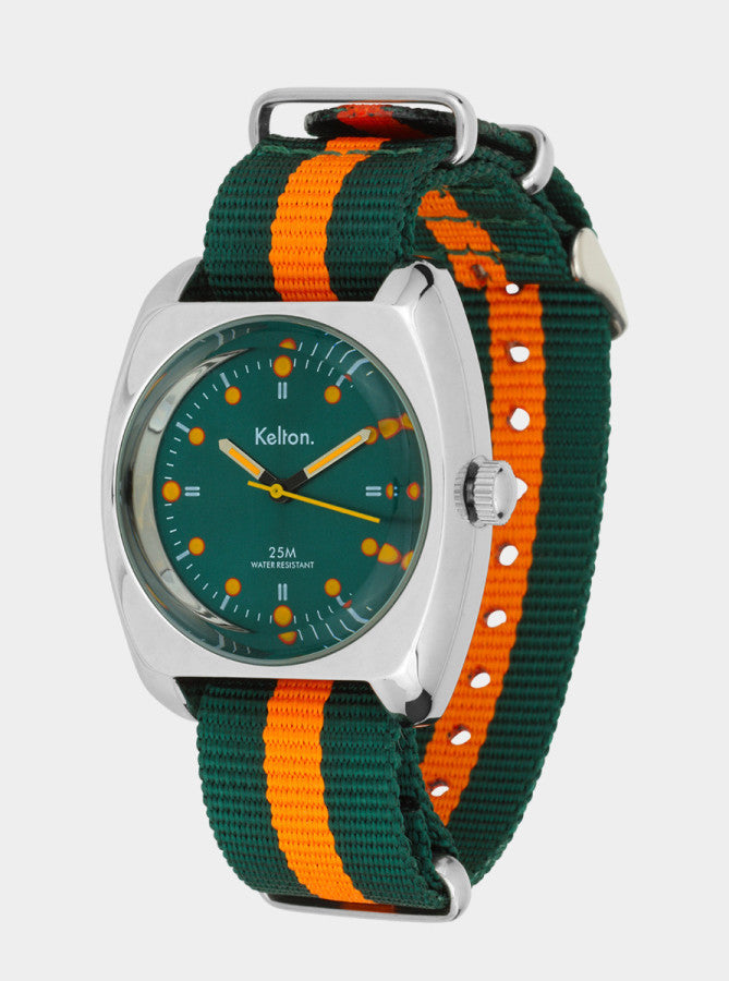 Image of Montre Keltor cadran vert, bracelet NATO rayé vert et orange avec boucle
