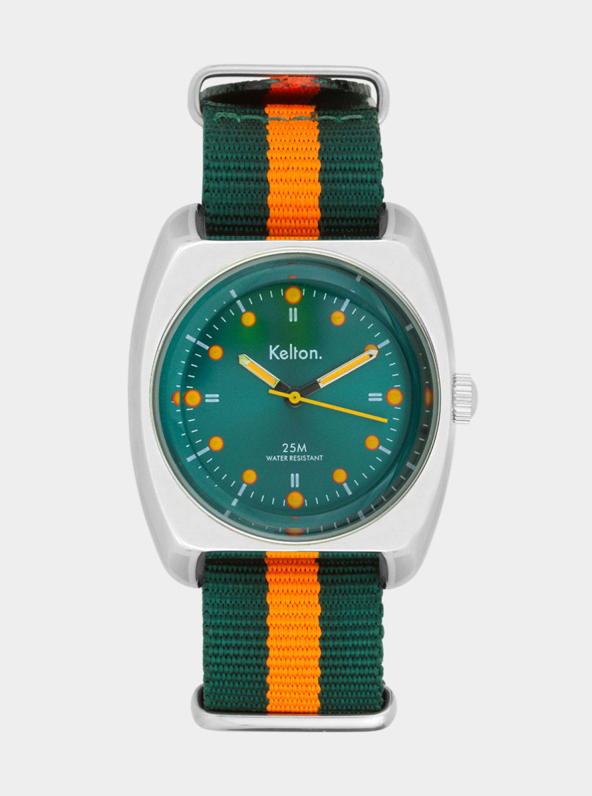 Image of Montre Kelton cadran vert, boîtier blanc, bracelet NATO vert et orange rayé