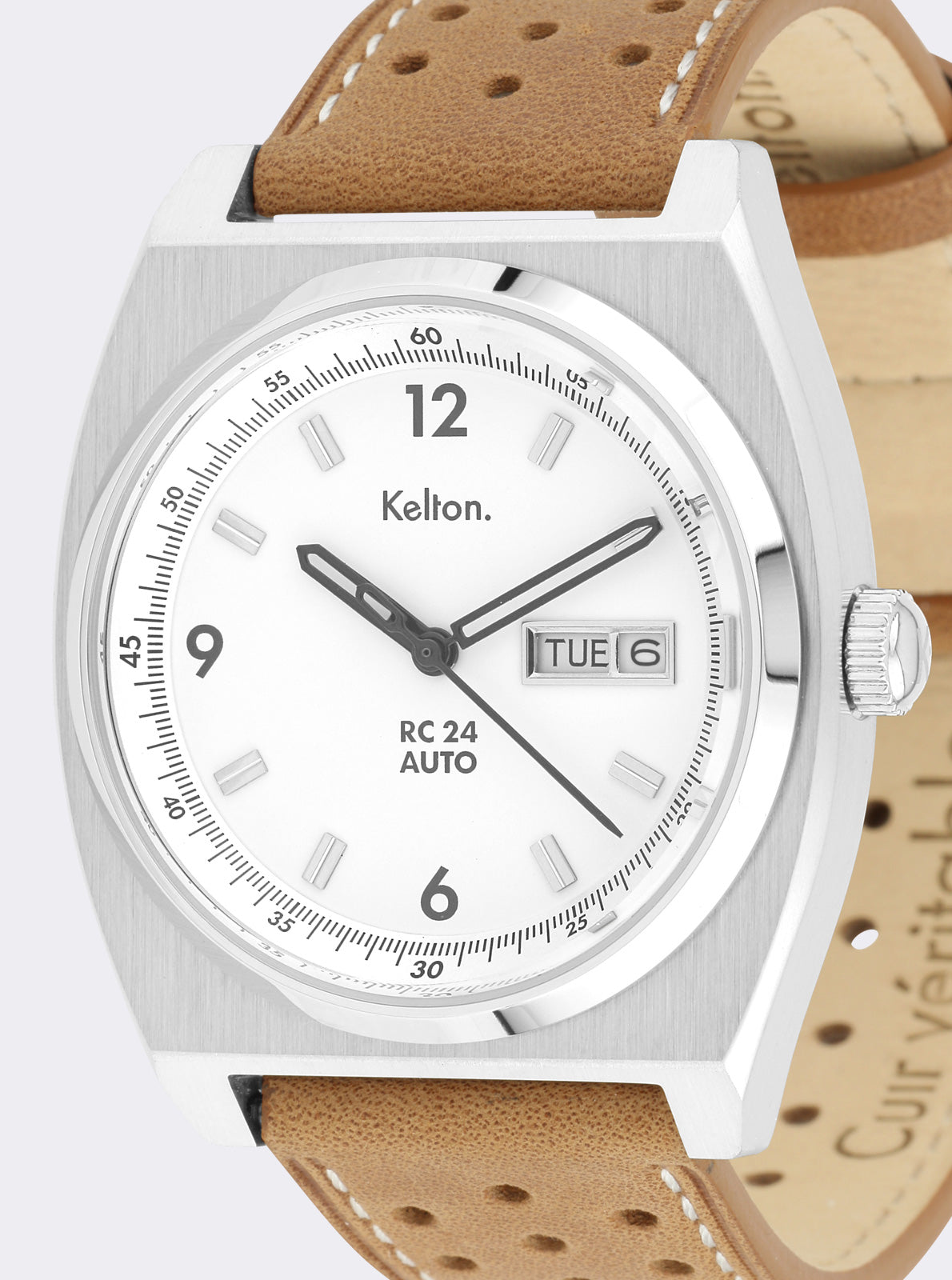 Image of Montre automatique RC 24, cadran blanc détaillé, index noirs, bracelet cuir brun