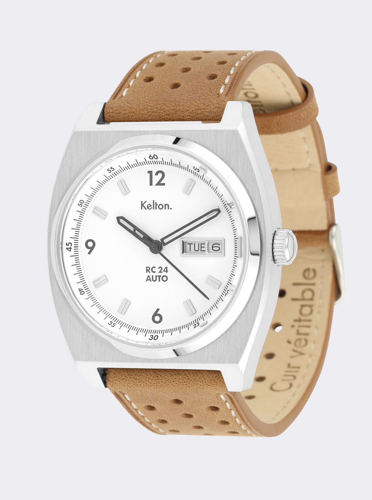 Image of Montre automatique RC 24 cadran blanc, boîtier argenté, bracelet cuir brun, vue 3/4