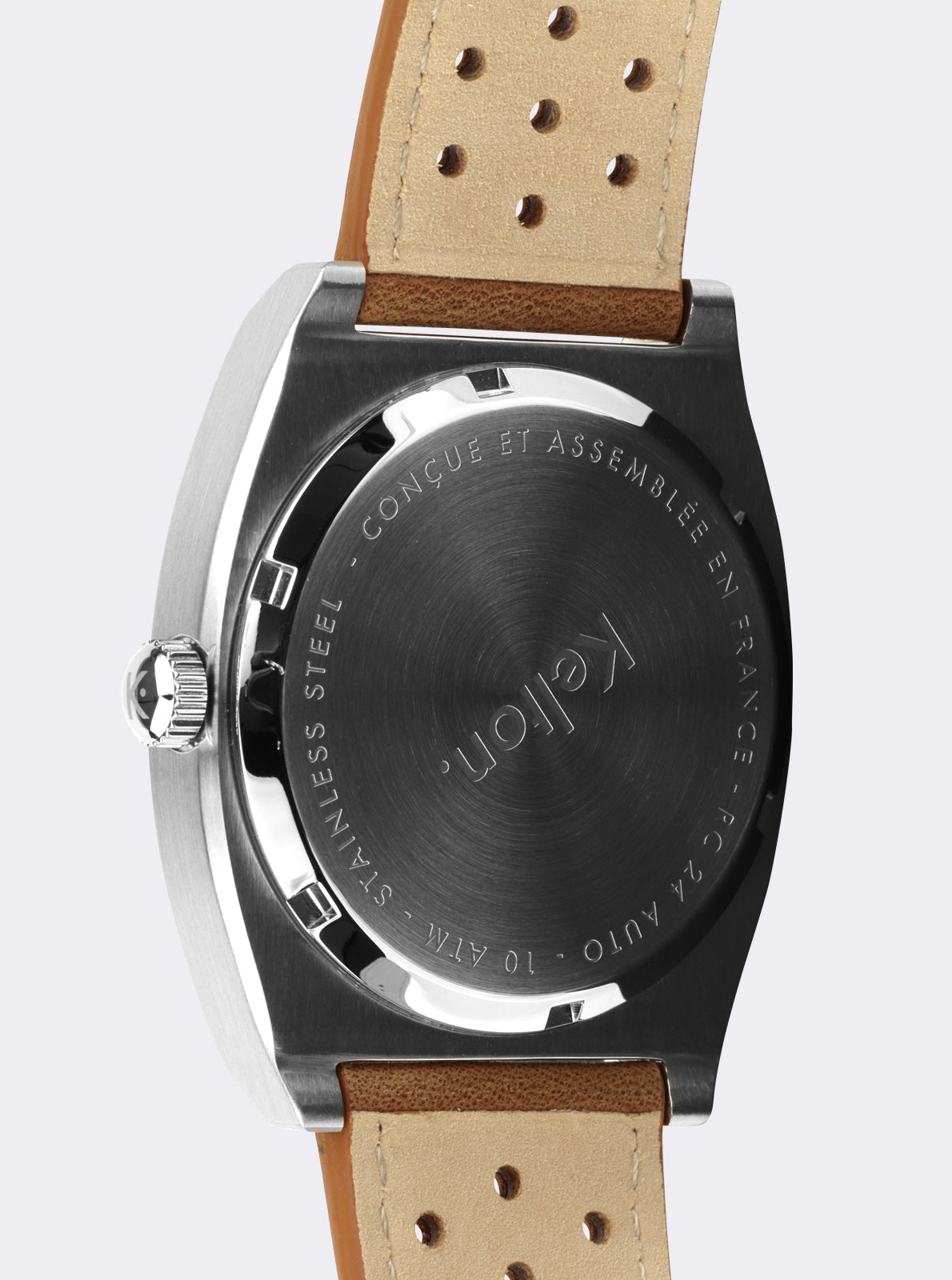 Image of Fond de montre automatique RC 24 en acier, bracelet cuir brun perforé