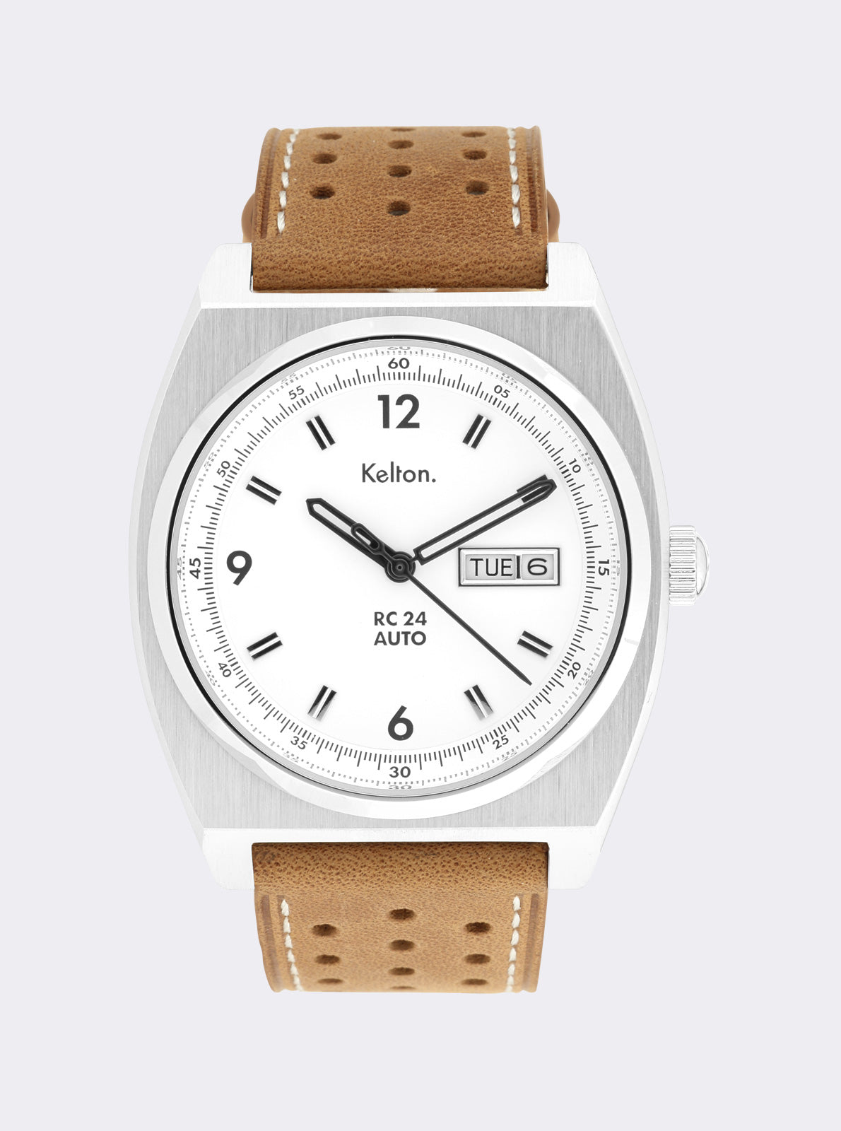 Image of Montre automatique RC 24 à cadran blanc, boîtier argenté, bracelet cuir brun perforé