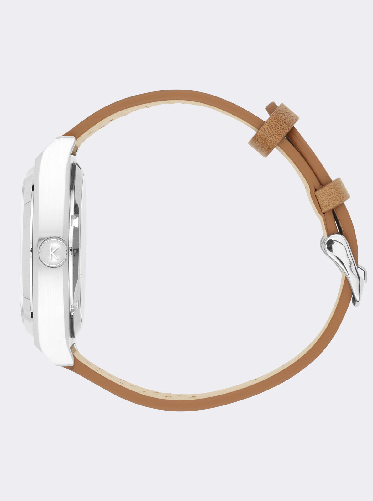 Image of Montre automatique RC 24 vue de côté, boîtier argenté, bracelet cuir brun à boucle