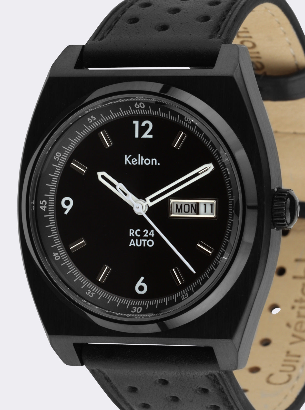 Image of Montre RC 24 noire, cadran noir avec fenêtre MON et bracelet noir perforé.