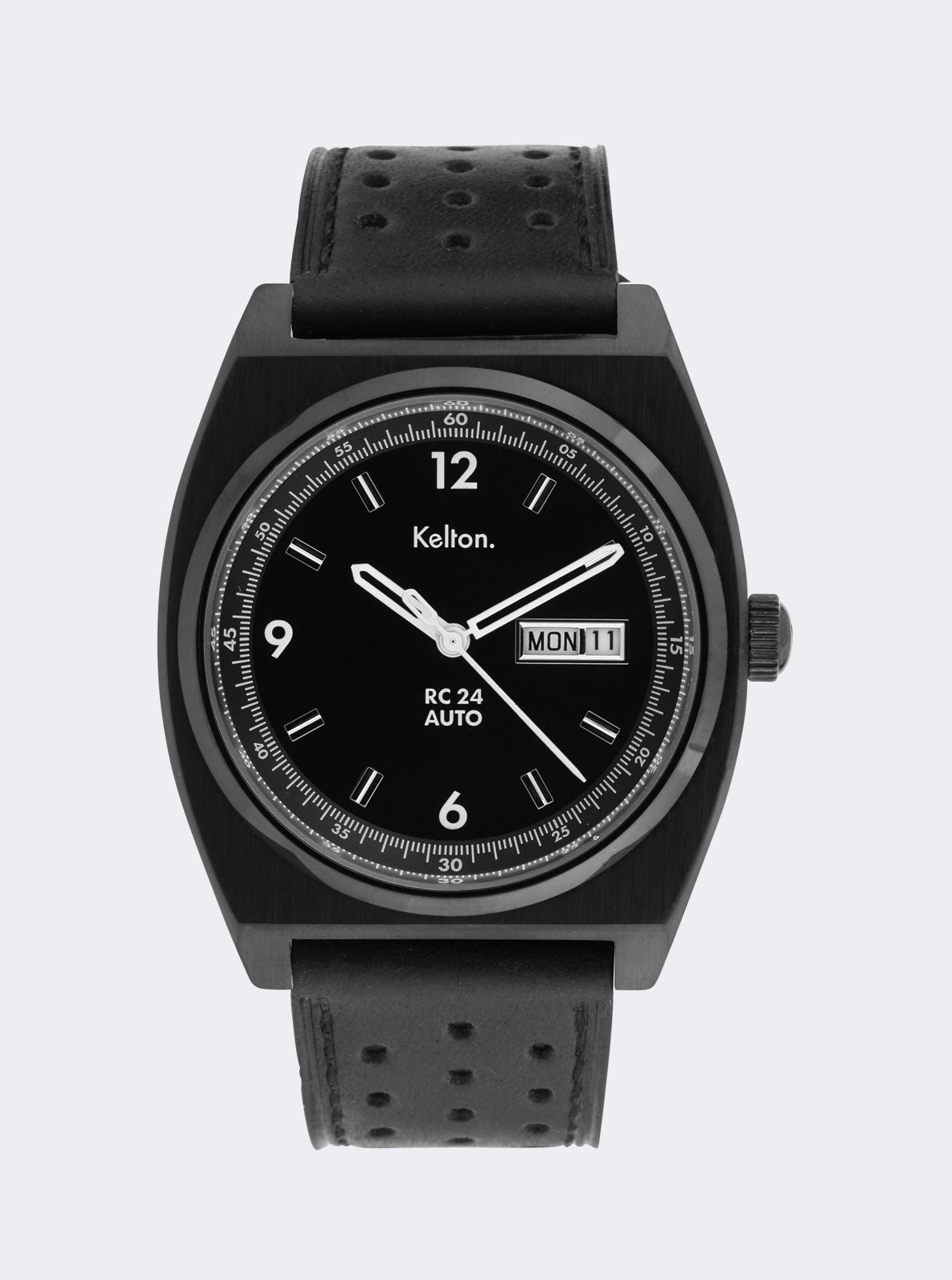 Image of Montre automatique RC 24 noire, cadran noir et bracelet noir perforé.