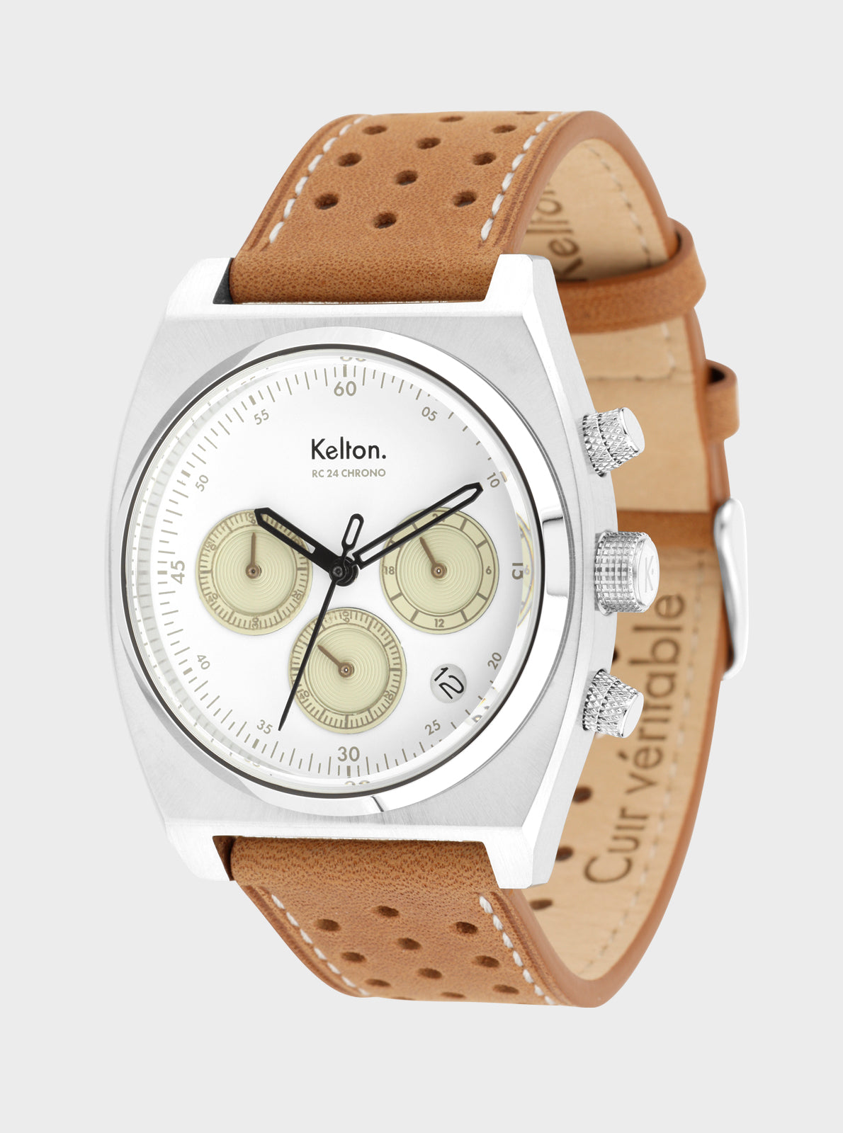 Image of Montre chronographe cadran blanc, boîtier acier, poussoirs argentés, bracelet cuir marron