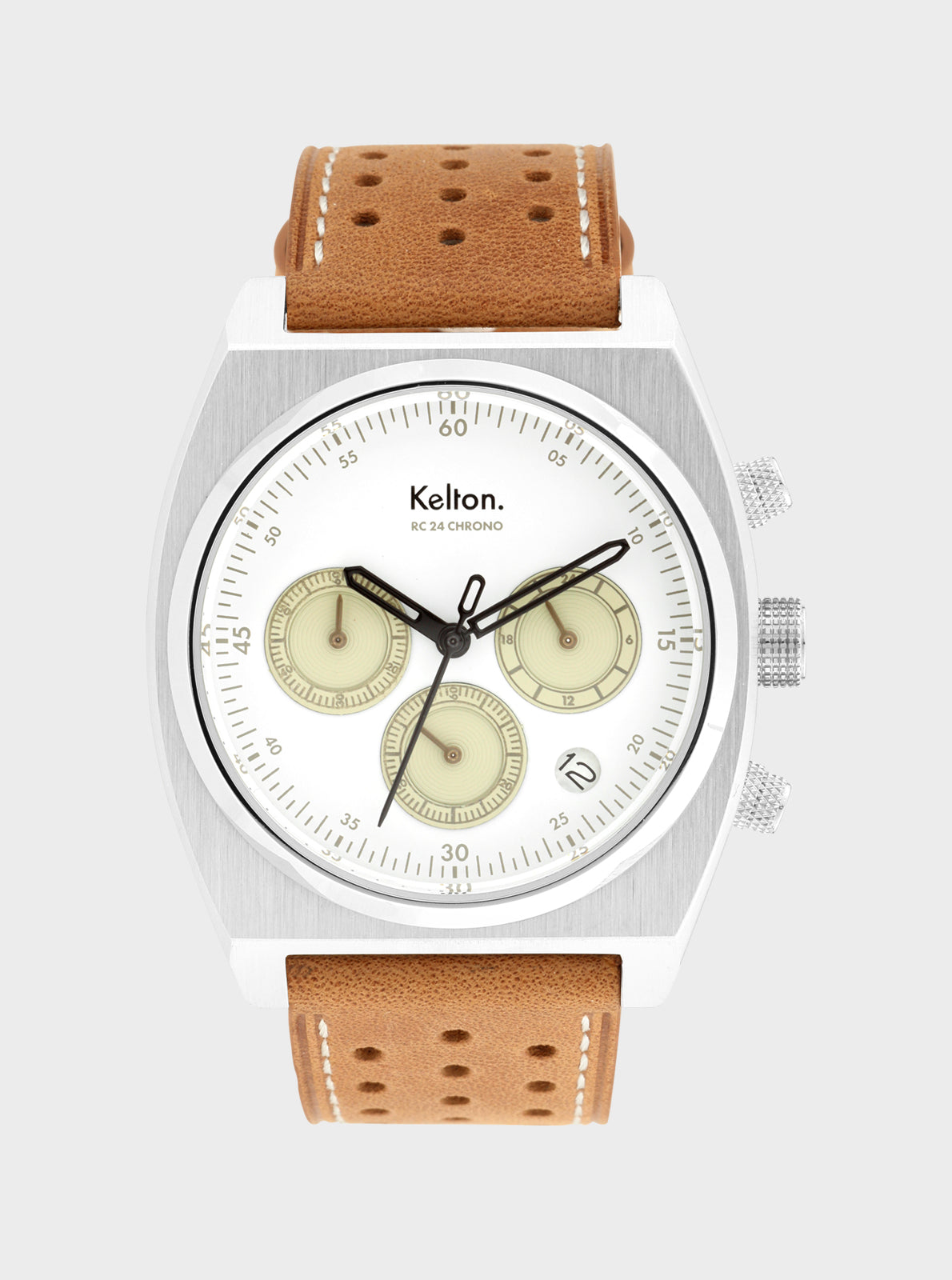 Image of Montre chronographe cadran blanc, boîtier acier argenté, bracelet cuir marron perforé