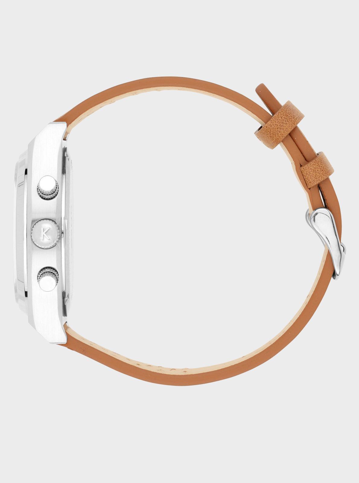 Image of Montre vue de profil: boîtier acier et bracelet cuir marron, boucle métallique