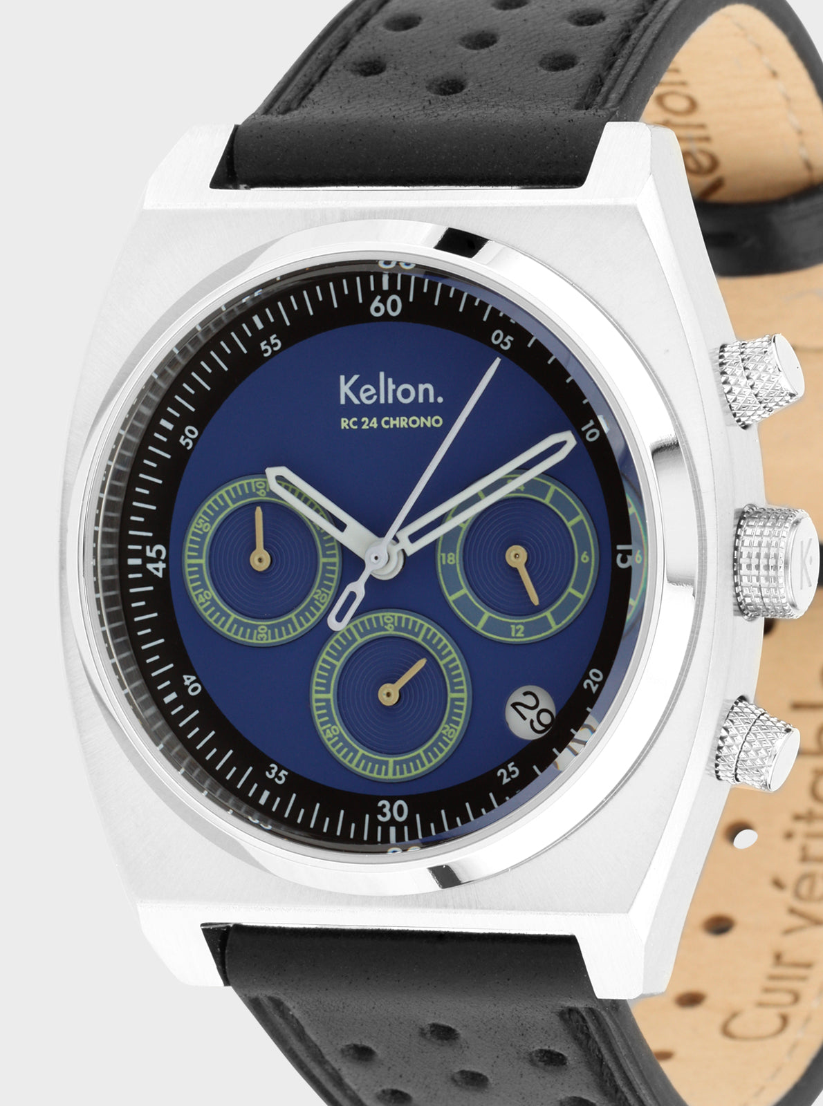 Image of Montre Kelton RC 24 chrono : cadran bleu, boîtier blanc, bracelet cuir noir perforé