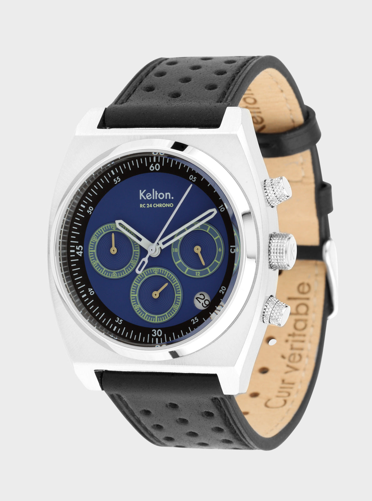 Image of Montre Kelton avec cadran bleu et chronographes, boîtier blanc, bracelet noir perforé