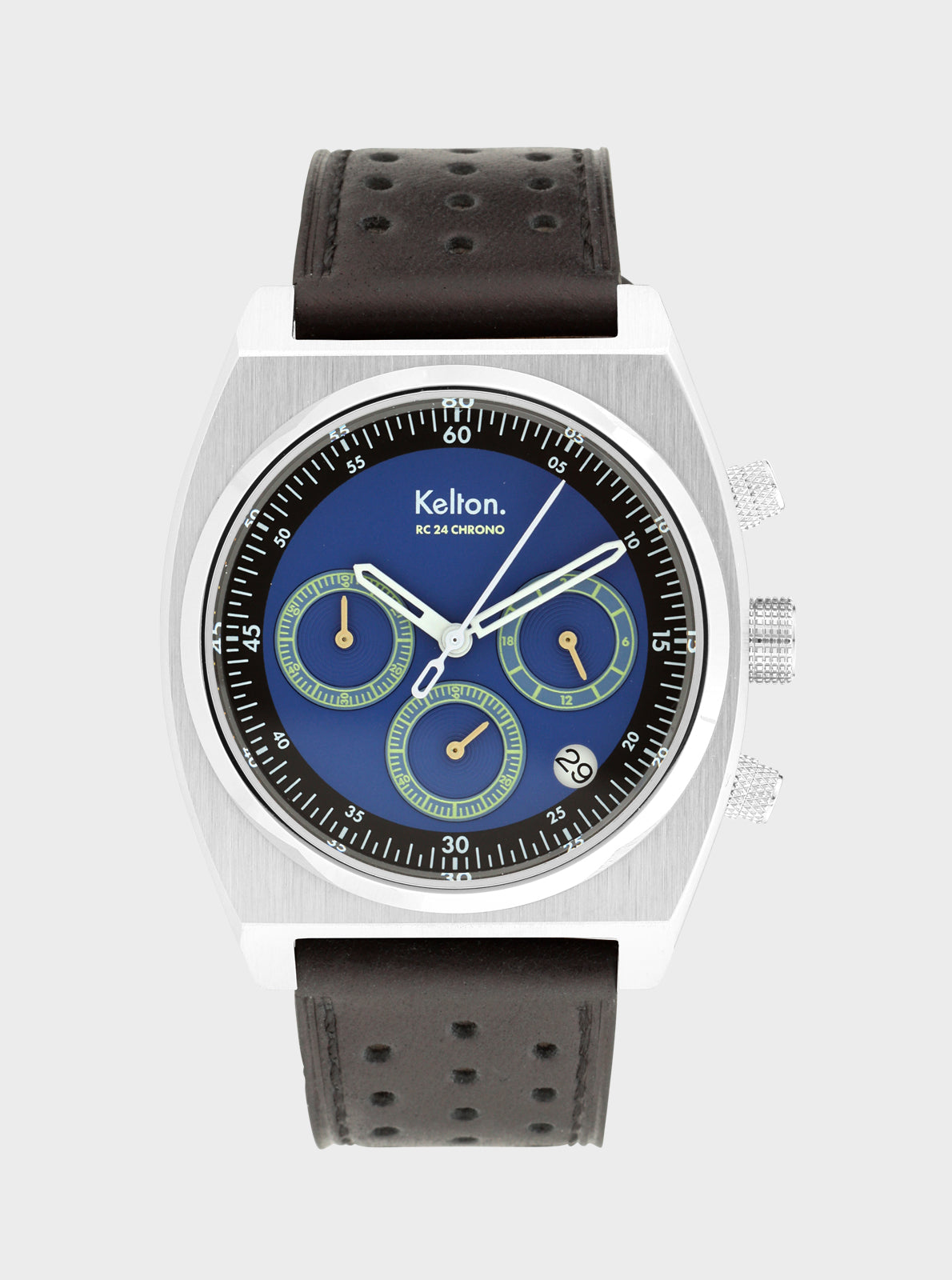 Image of Montre Kelton chrono à cadran bleu, boîtier blanc, bracelet cuir noir perforé