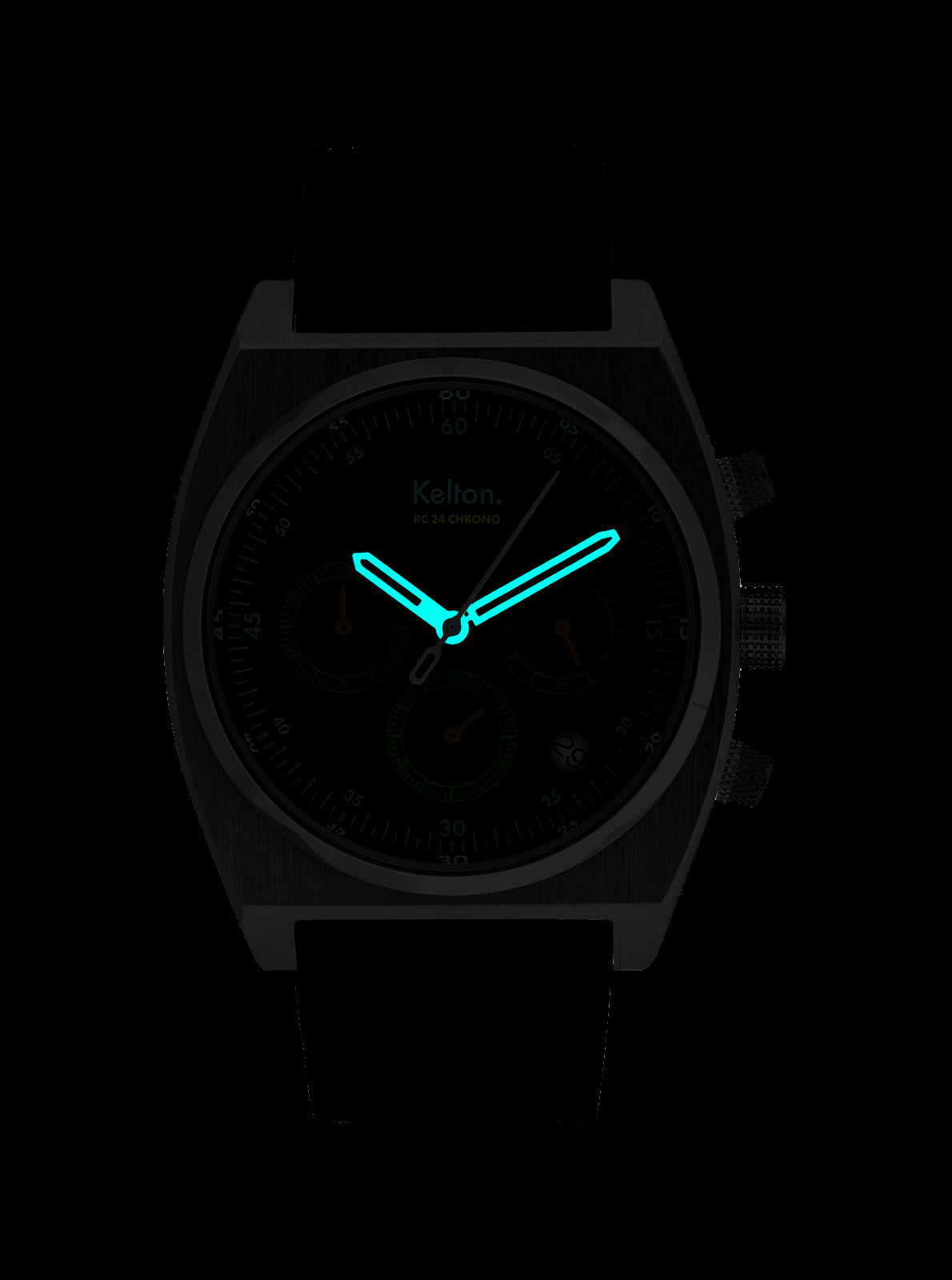 Image of Montre Kelton : cadran sombre avec aiguilles lumineuses bleu, boîtier noir, bracelet noir