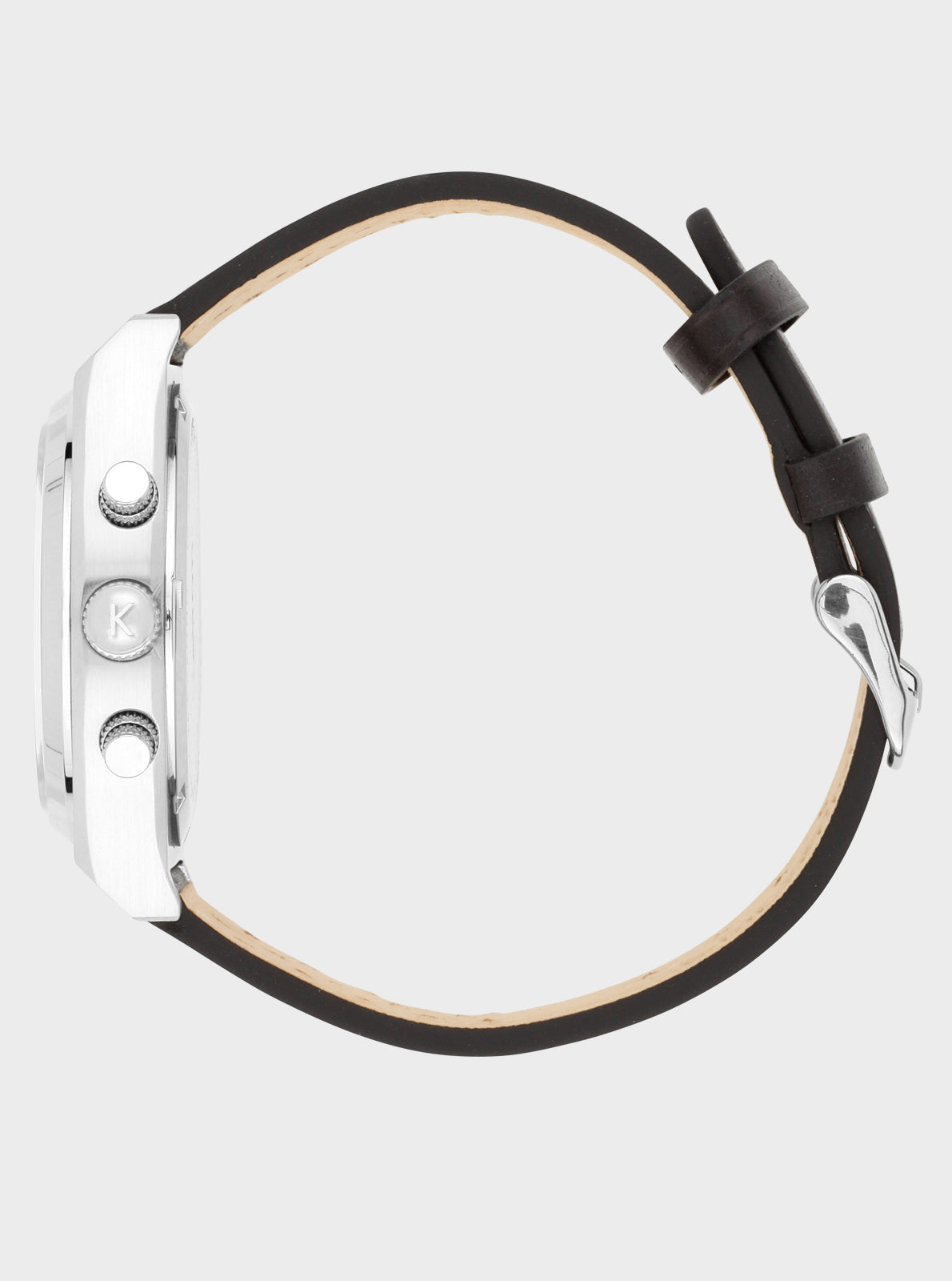 Image of Montre Kelton vue de profil : boîtier blanc, bracelet noir, poussoirs et couronne